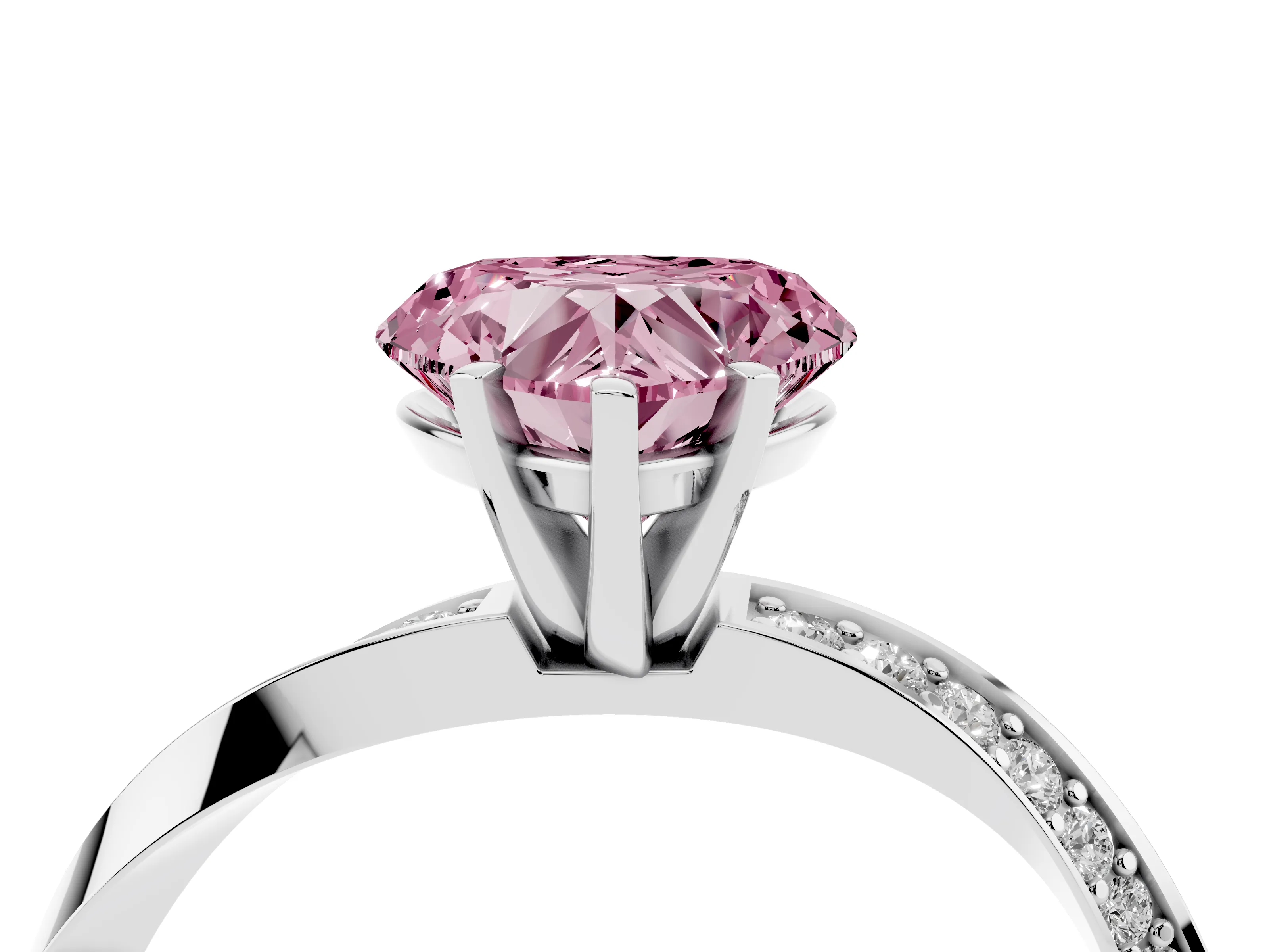 Fancy Pink Heart Cut Diamond Engagement Ring Set in Platinum with Side Stone Accents and Prong Setting