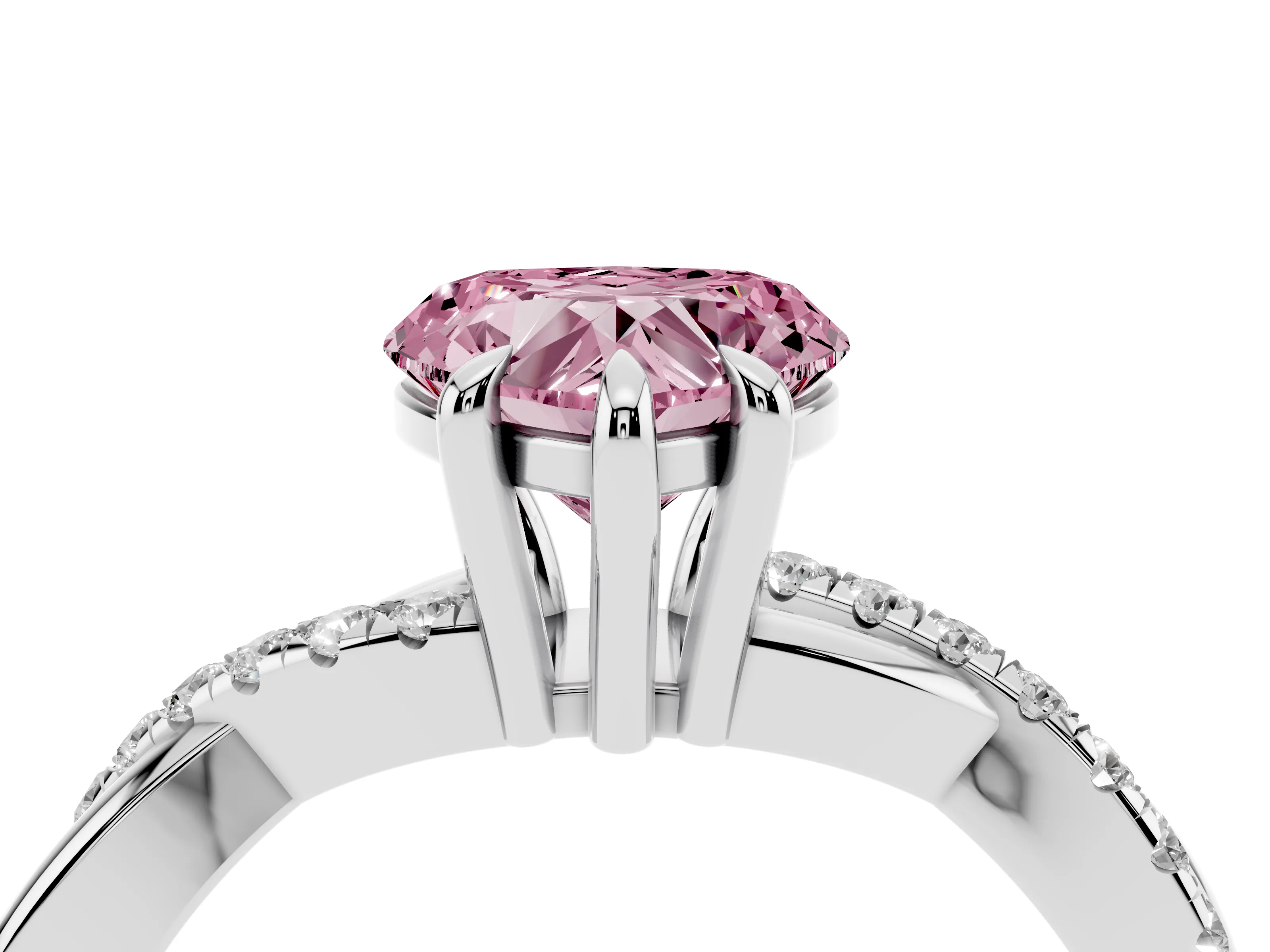 Fancy Pink Heart Cut Diamond Twist Band Solitaire Set in White gold with Pavé Accents and Prong Setting