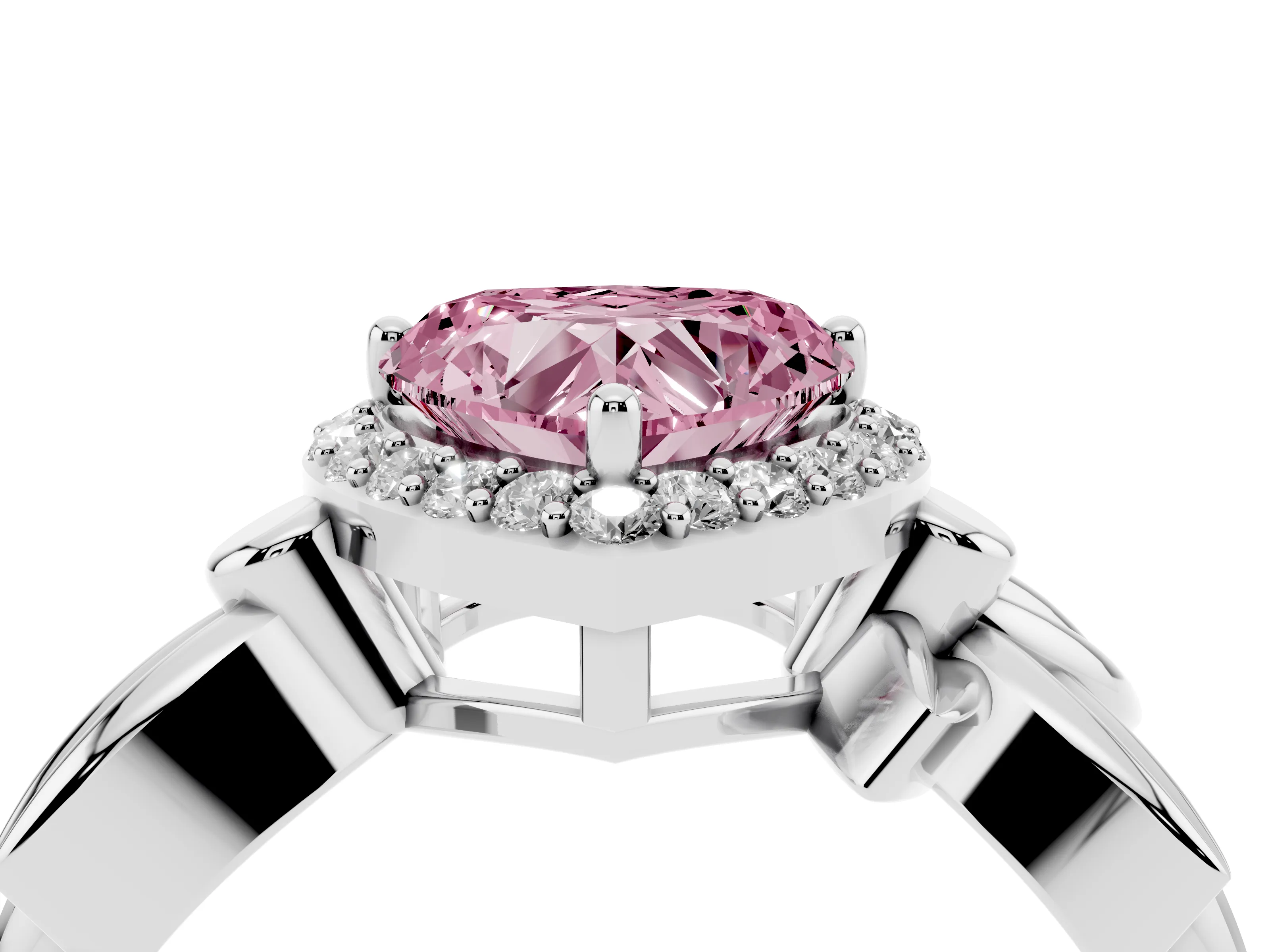 Fancy Pink Heart Cut Diamond Halo Floral Band Ring Set in White gold with Prong Setting