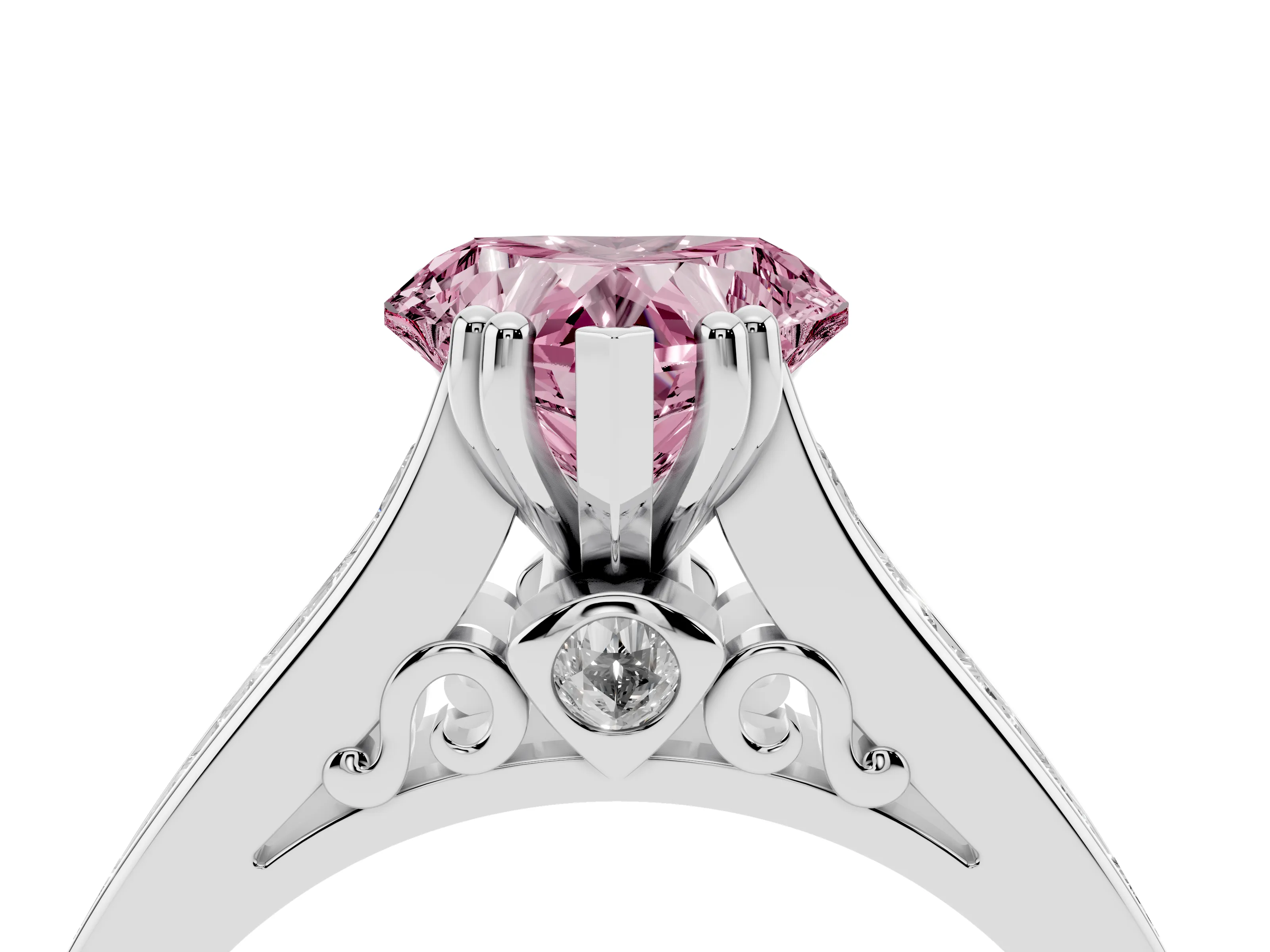 Fancy Pink Heart Cut Diamond Channel Set Solitaire Engagement Ring Set in Platinum with Prong Setting