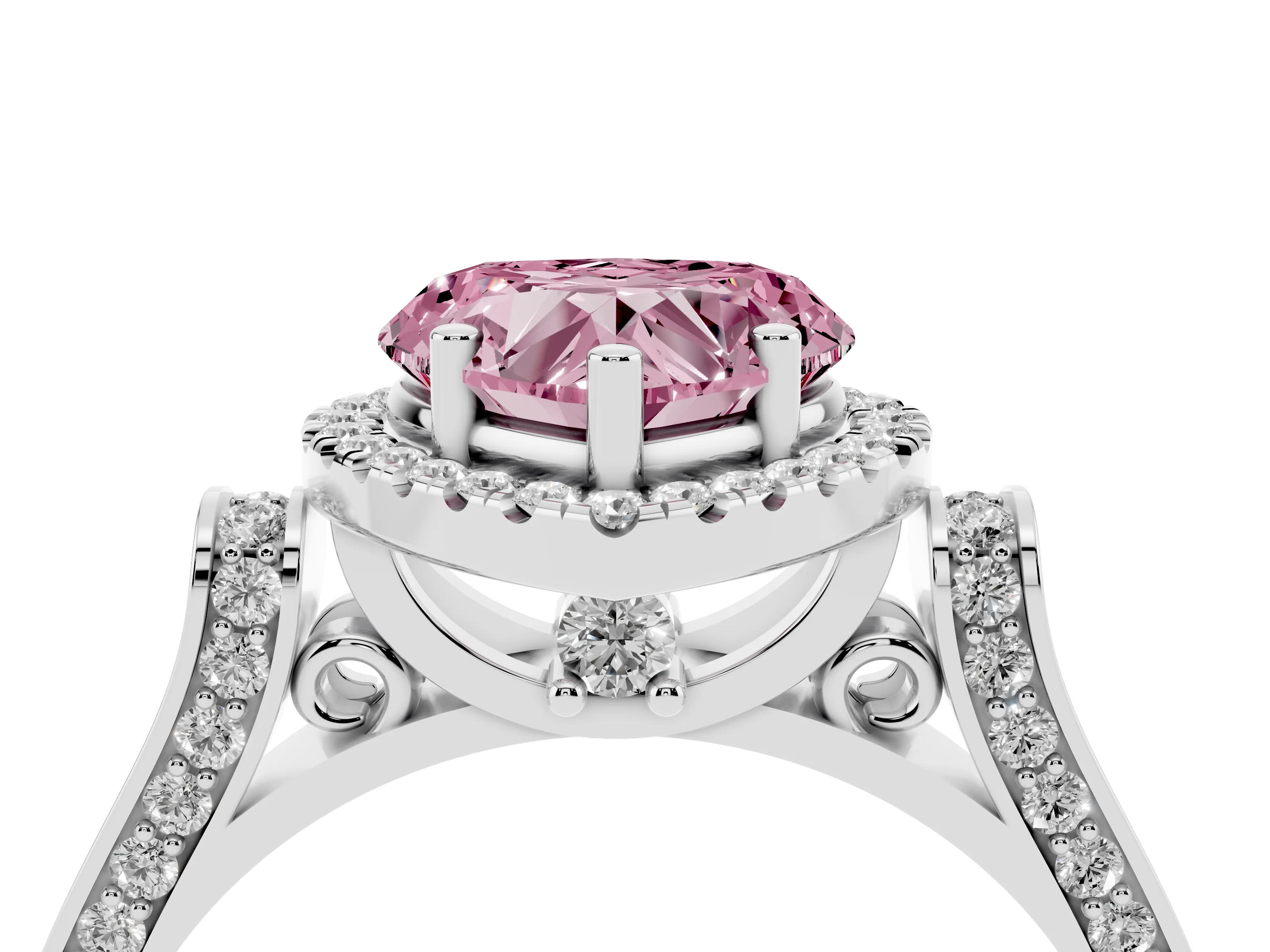 Fancy Pink Heart Cut Diamond Halo Ring Set in Platinum with Twist Band and Pavé Accents