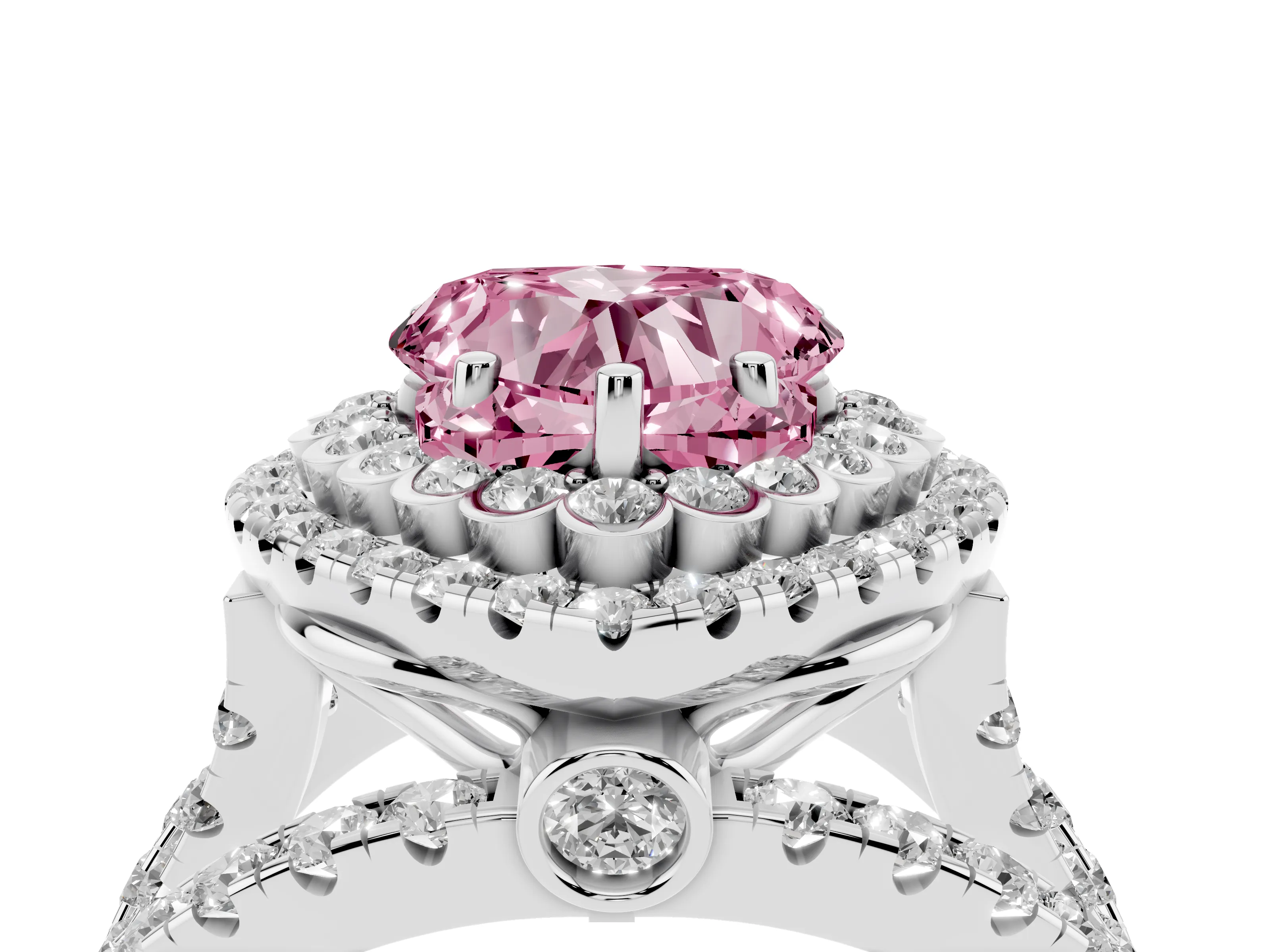 Fancy Pink Heart Cut Diamond Double Halo Ring Set in White gold with Round Pavé Split Shank