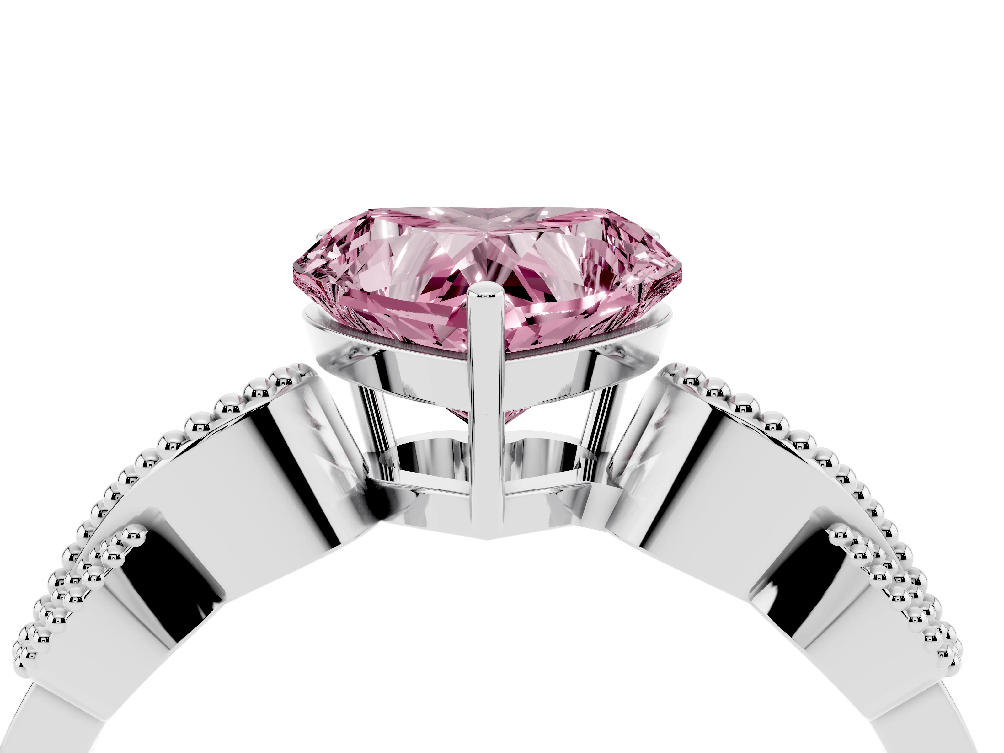 Fancy Pink Heart Cut Diamond Milgrain Leaf Band Solitaire Ring Set in White gold with Accent Stones and Prong Setting
