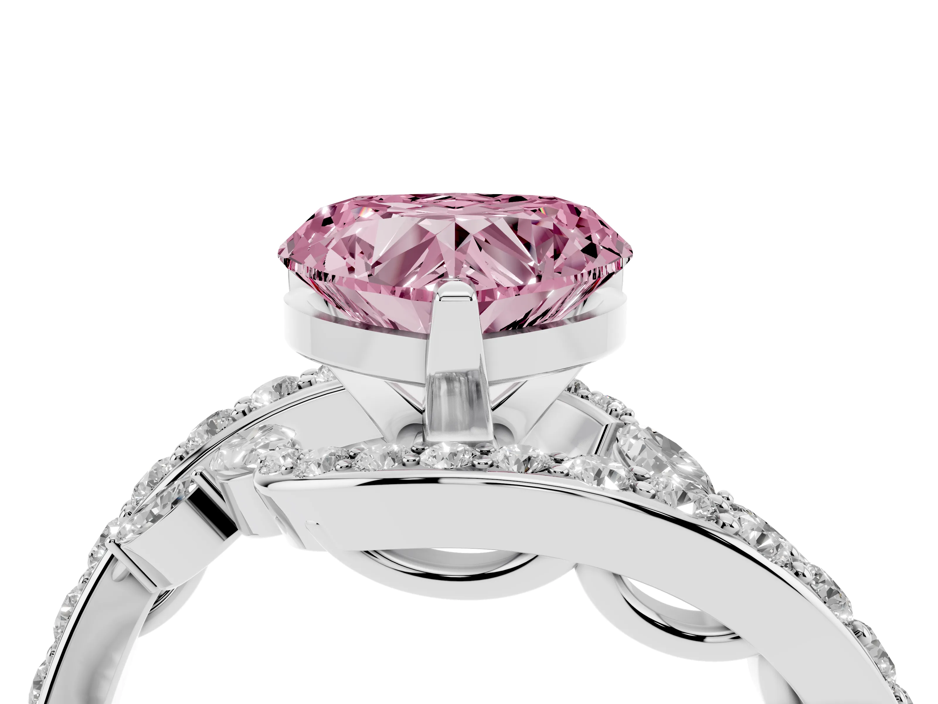 Fancy Pink Heart Cut Diamond Solitaire Ring Set in Platinum with Pavé Twist Band and Secure Prong Setting
