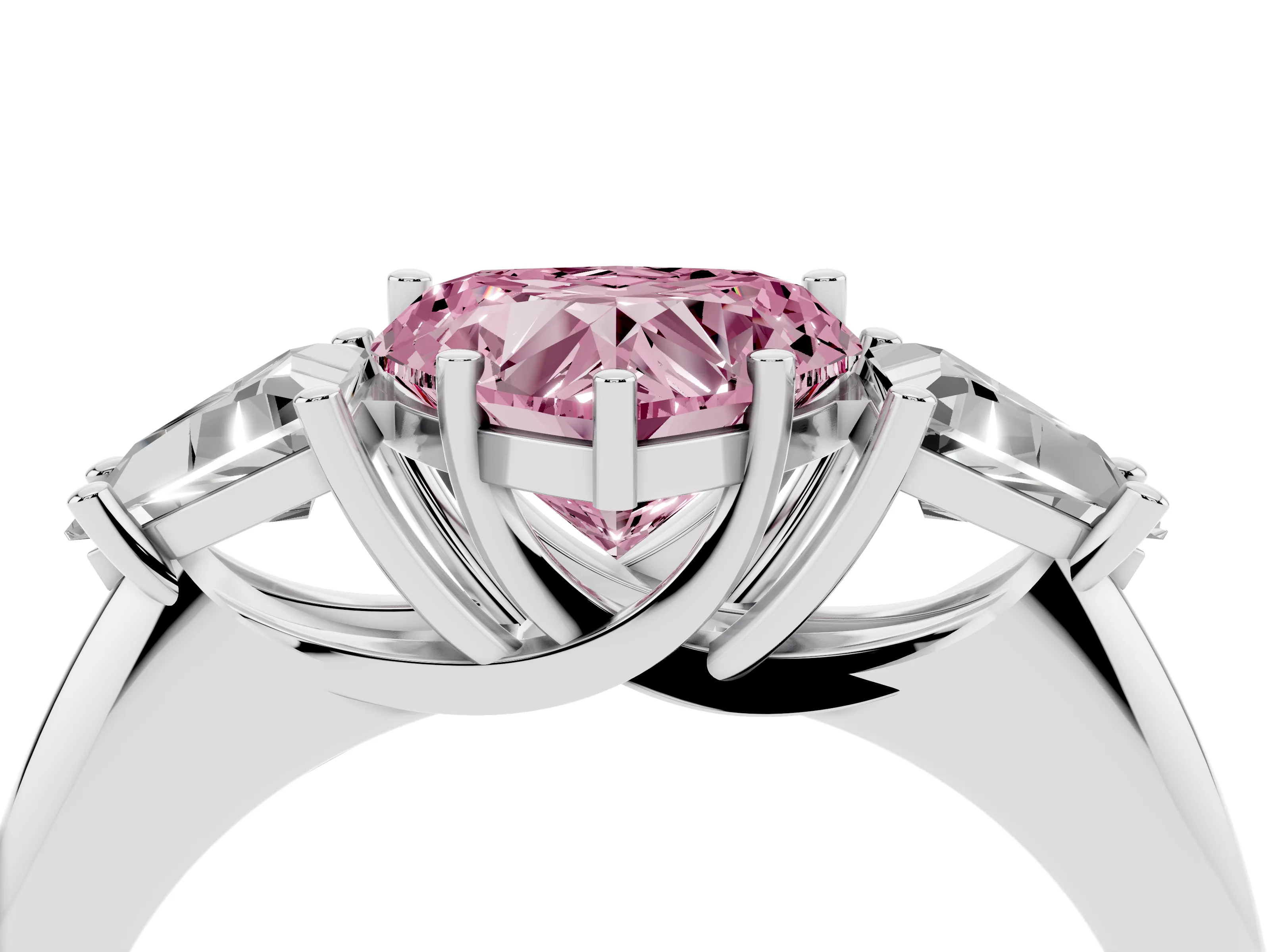Fancy Pink Heart Cut Diamond Three-Stone Engagement Ring Set in White gold with Trillion Side Stones