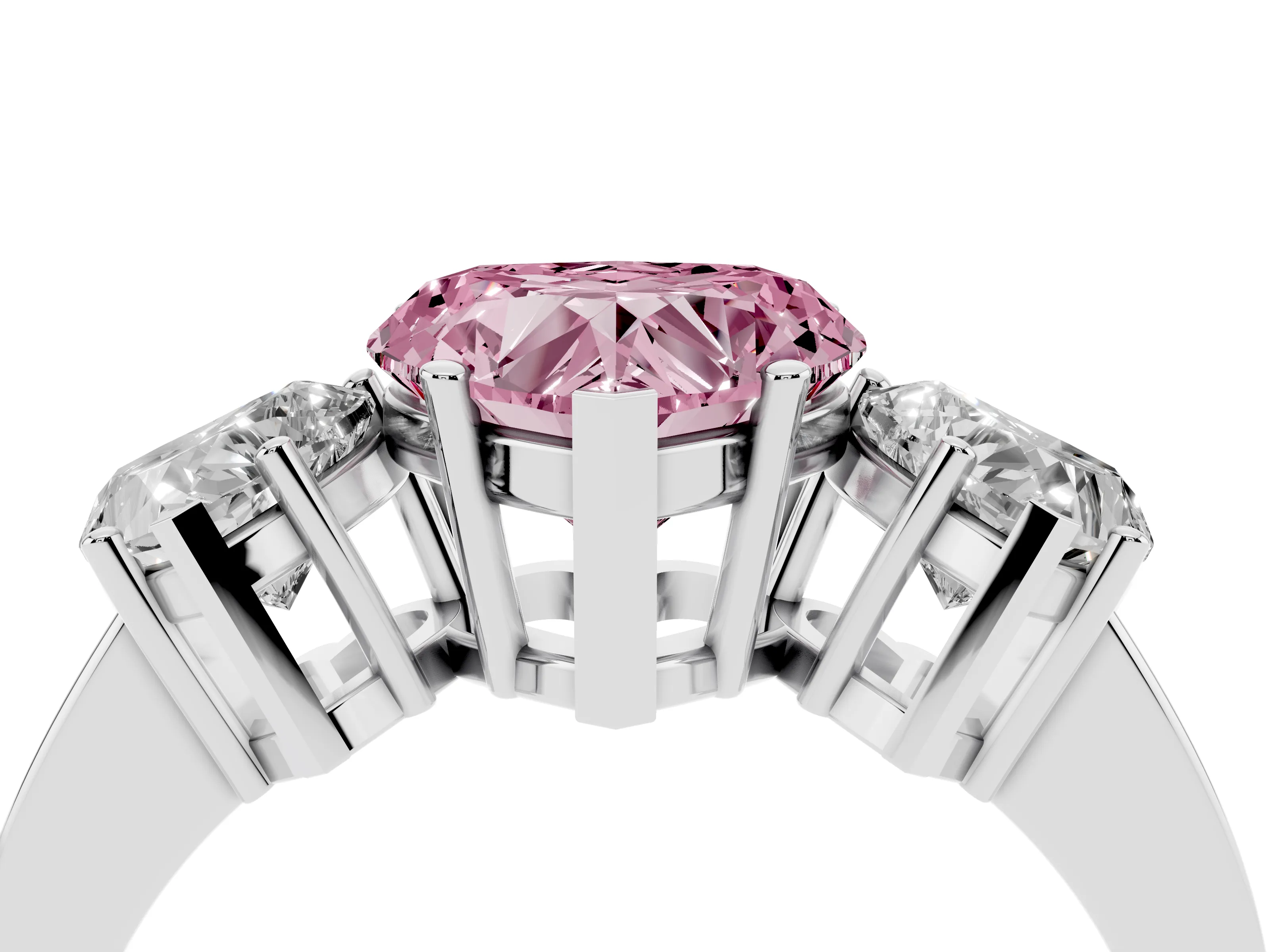 Fancy Pink Heart Cut Diamond Three-Stone Engagement Ring Set in Platinum with Flat Band
