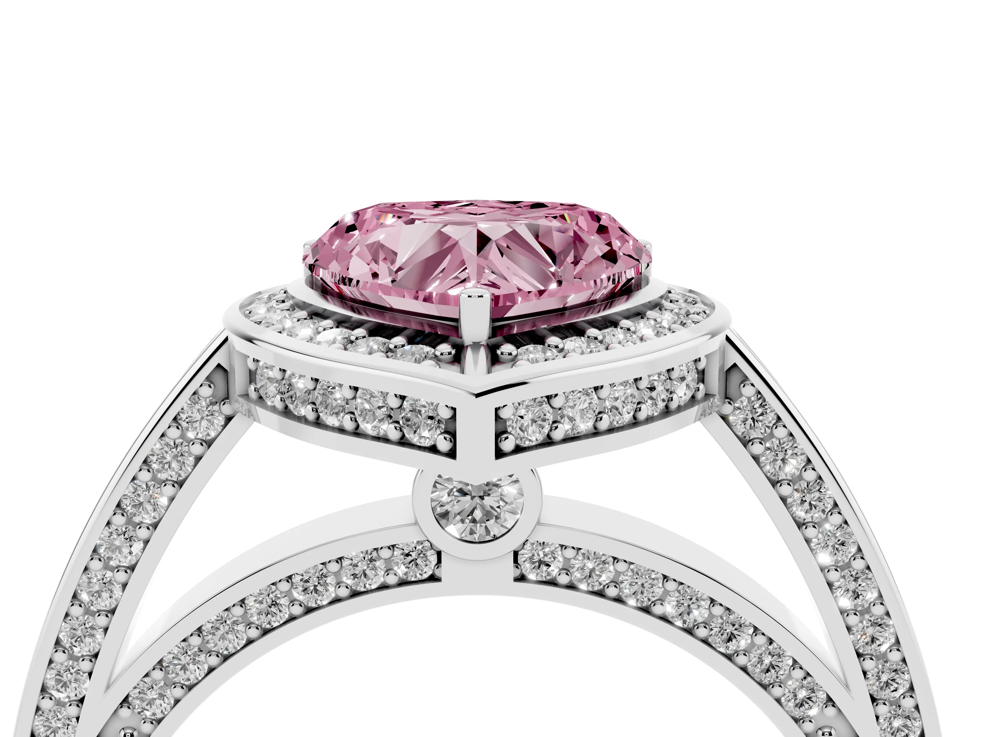 Fancy Pink Heart Cut Diamond Halo Pavé Split Shank Ring Set in White gold with Prong Setting