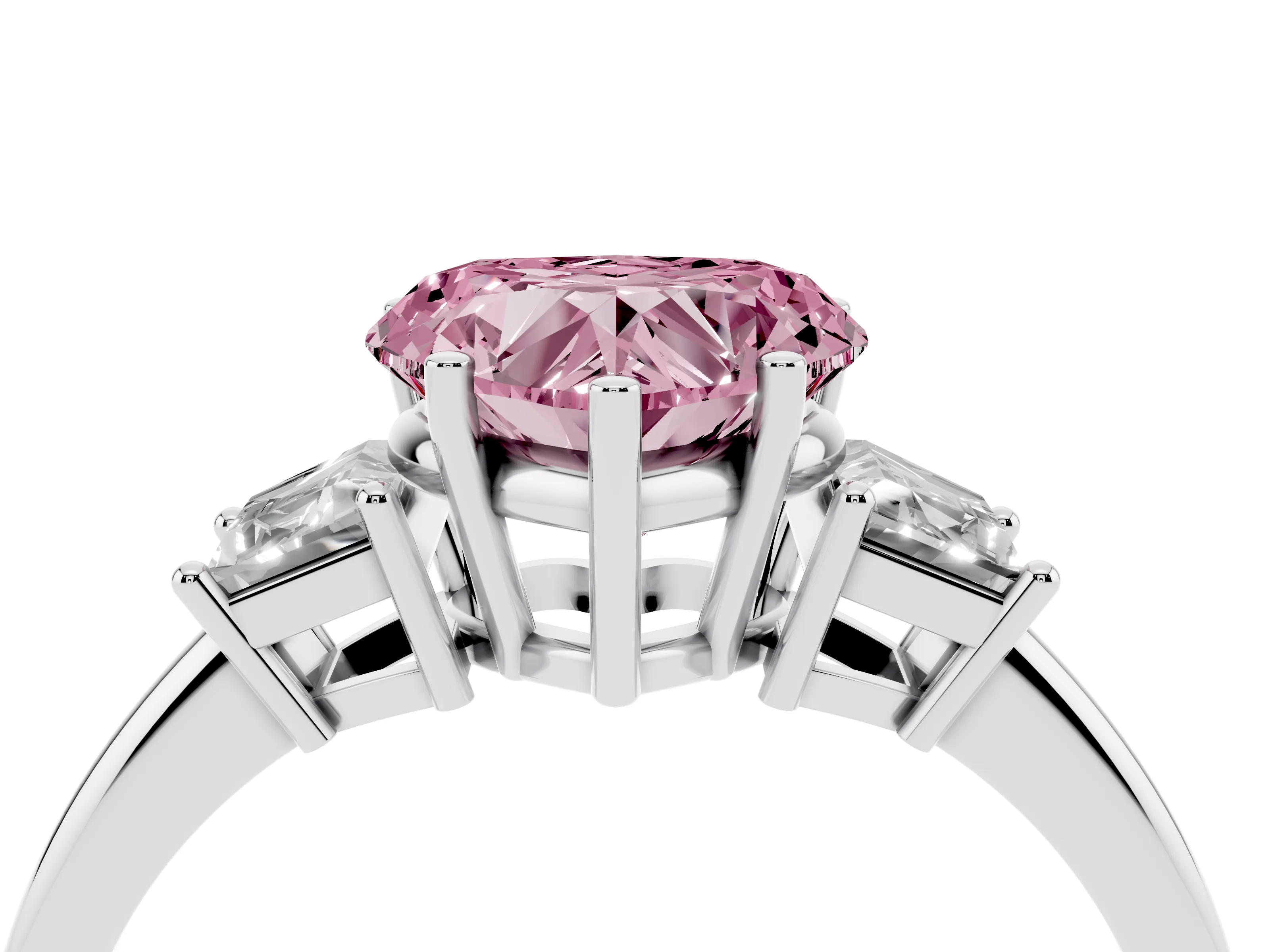 Fancy Pink Heart Cut Diamond Three-Stone Ring Set in Silver with Trapezoid Side Stones and Prong Setting