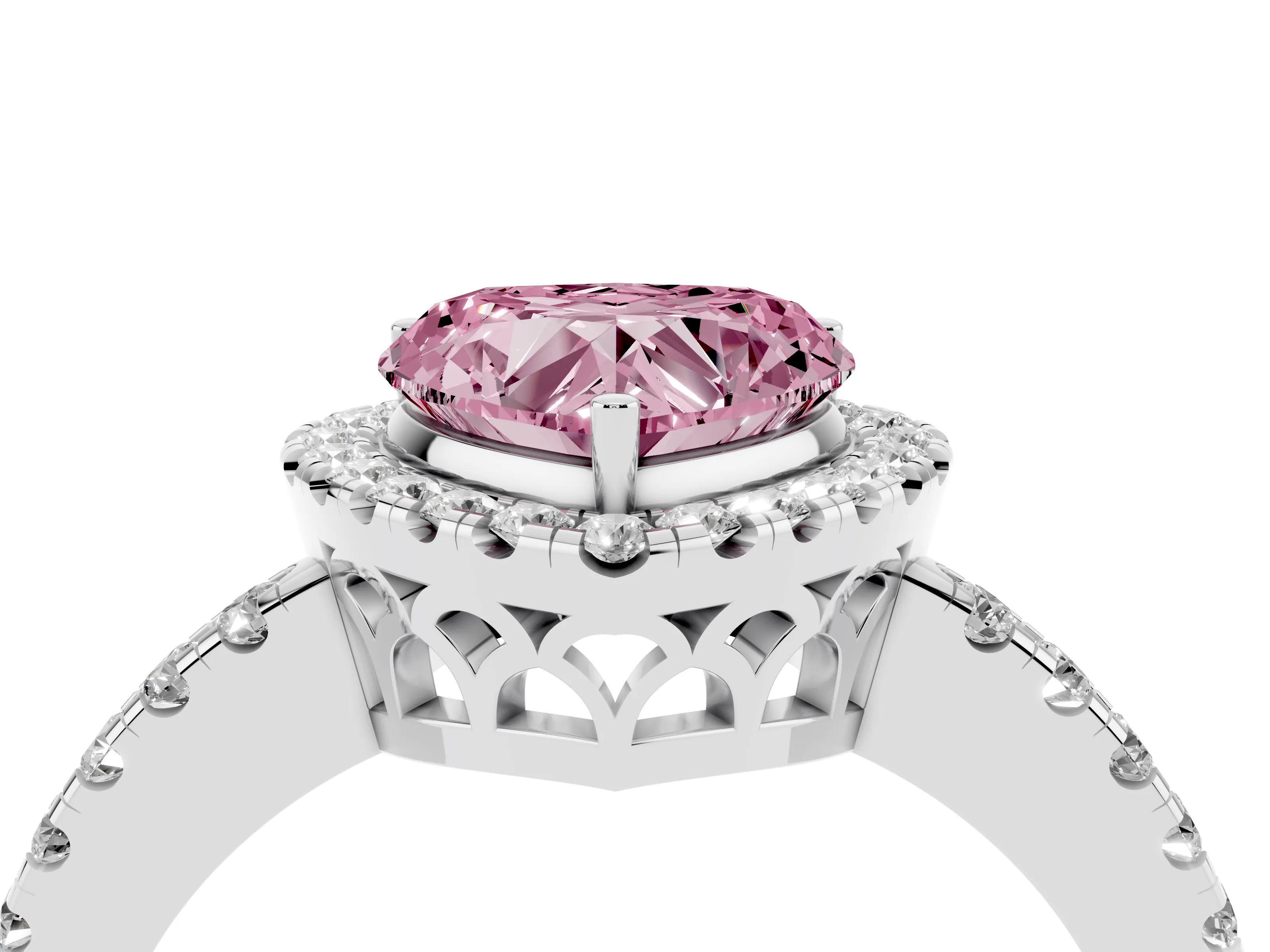Fancy Pink Heart Cut Diamond Pavé Band Halo Engagement Ring Set in Silver with Prong Setting