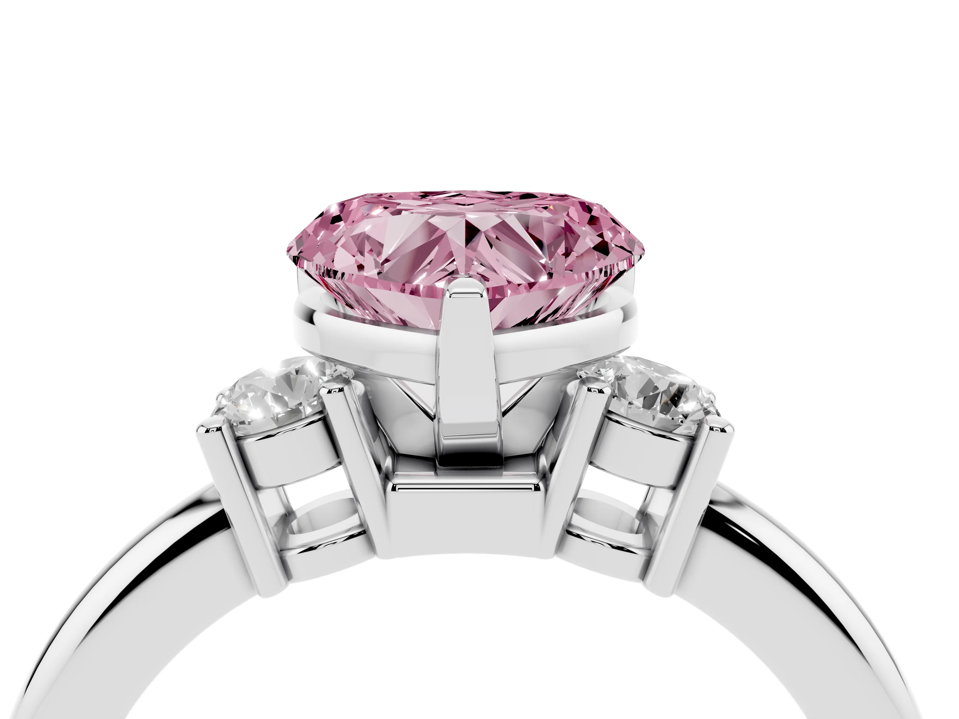 Fancy Pink Three-Stone Heart Cut Diamond Ring Set in Platinum with Prong Setting and Plain Band