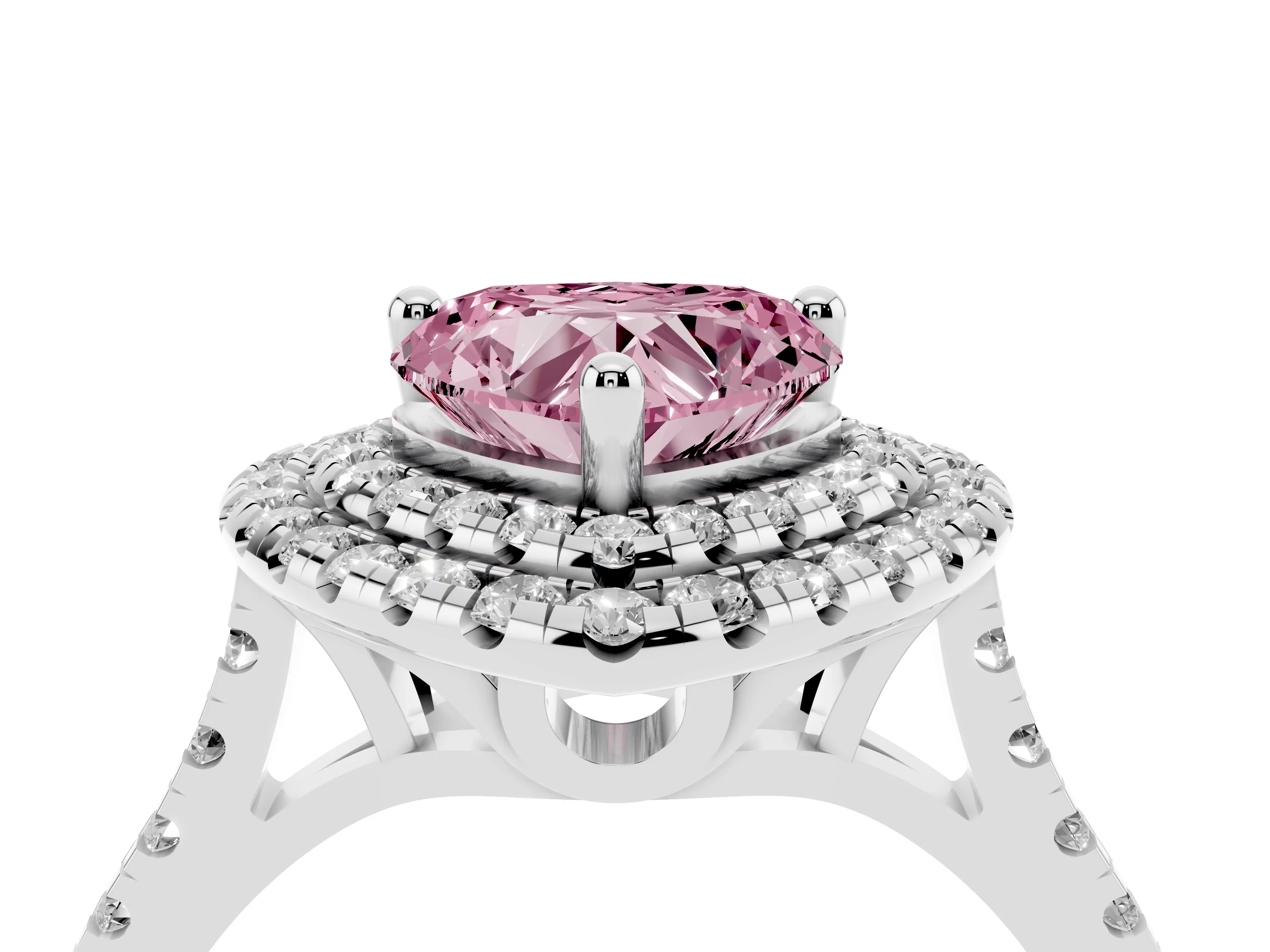 Fancy Pink Heart Cut Diamond Double Halo Statement Ring Set in White gold with Pavé Band