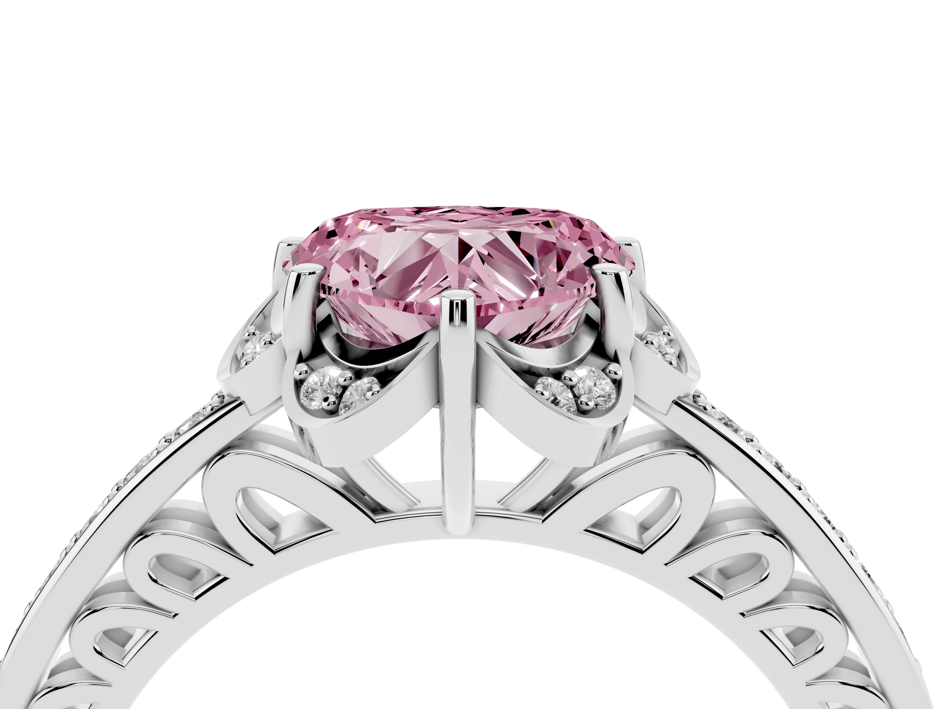 Fancy Pink Heart Cut Diamond Halo Ring Set in Platinum with Channel Set Band and Prong Setting