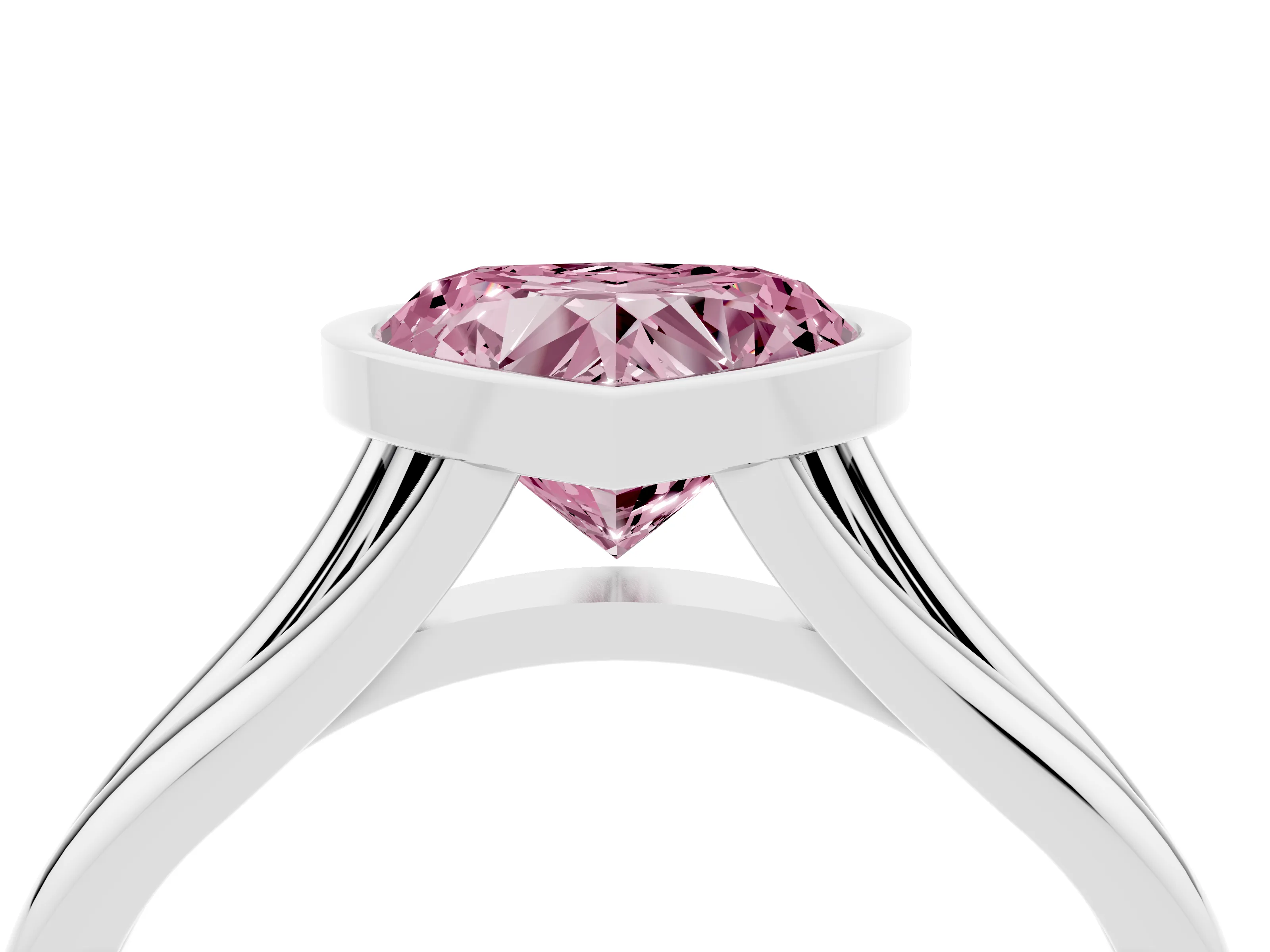 Fancy Pink Bezel Set Heart Cut Diamond Solitaire Ring Set in Platinum with Tapered Band