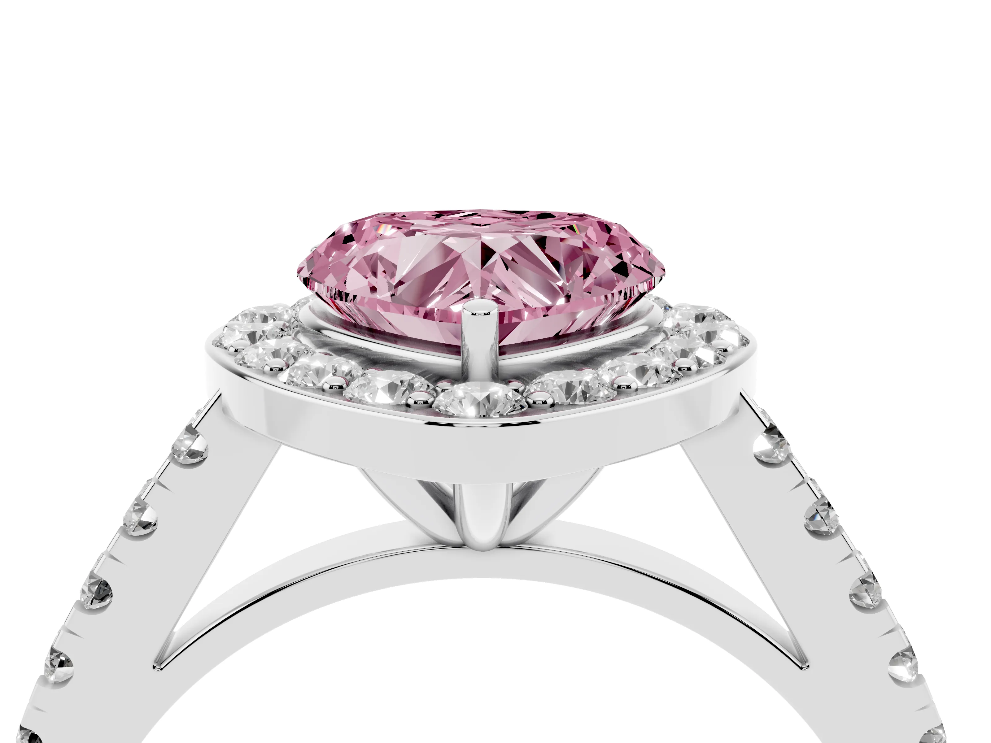 Fancy Pink Heart Cut Diamond Halo Ring Set in Platinum with Round Pavé Split Shank and Prong Setting