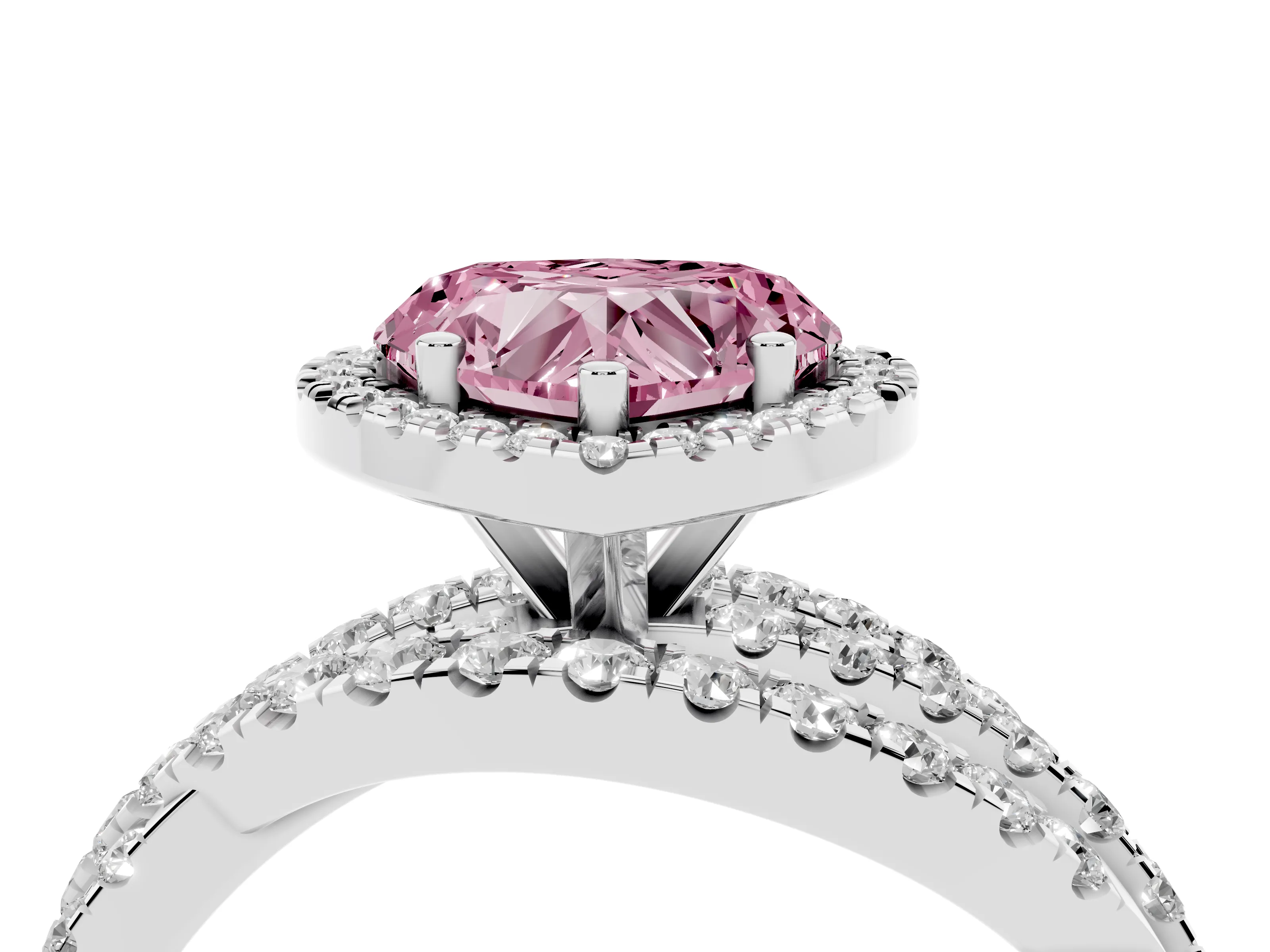 Fancy Pink Heart Cut Diamond Halo Ring Set in Silver with Round Crossover Split Shank and Prong Setting