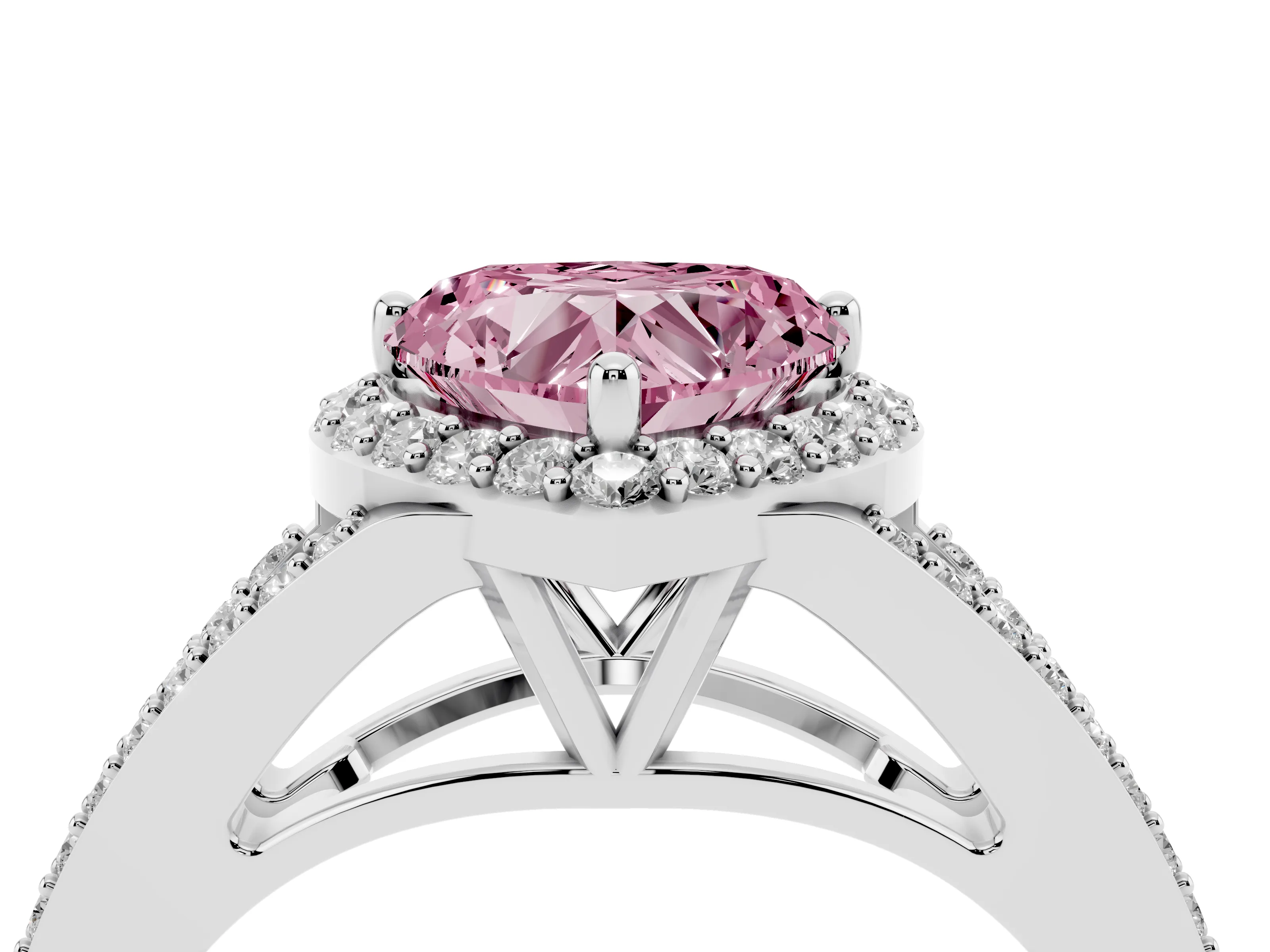 Fancy Pink Heart Cut Diamond Halo Split Shank Pavé Ring Set in Silver with Prong Setting