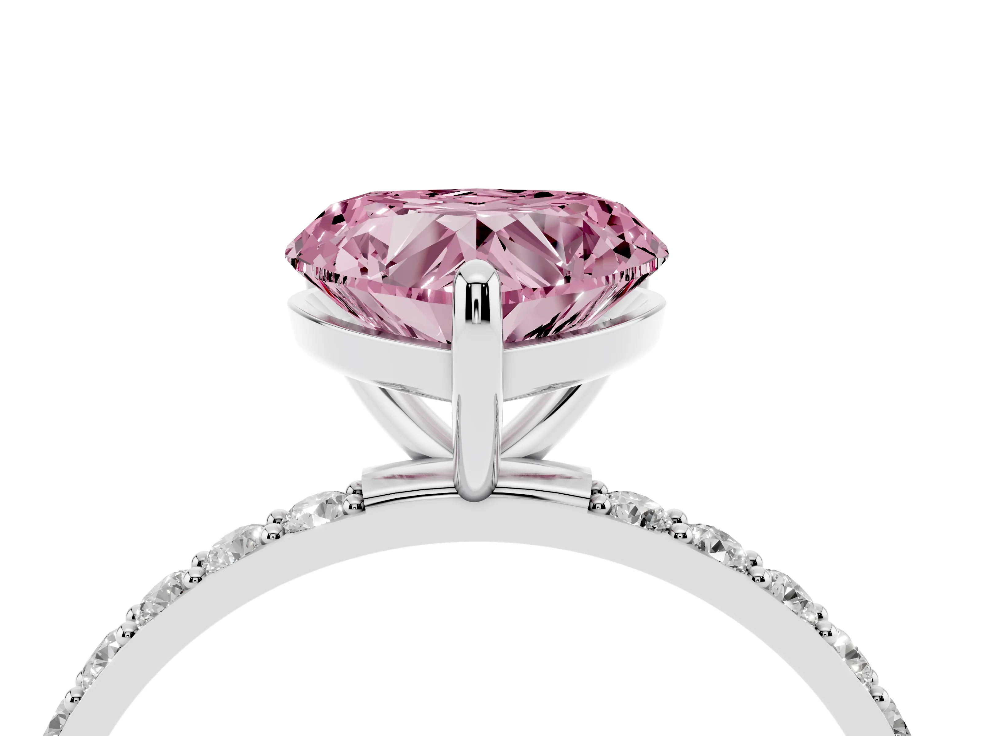 Fancy Pink Heart Cut Diamond Solitaire Ring Set in Platinum with Round Pavé Band and Prong Setting