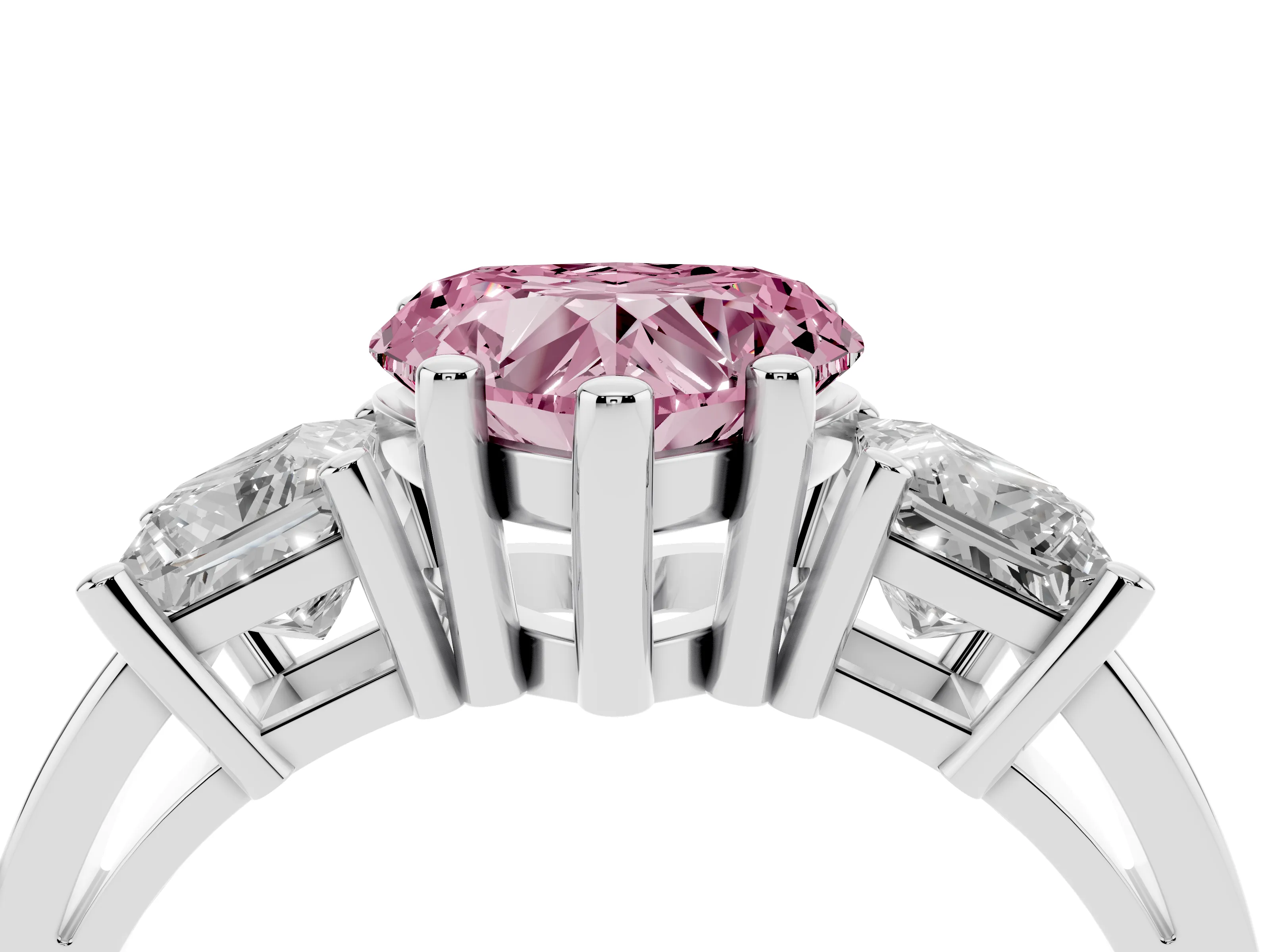 Fancy Pink Three-Stone Heart Cut Diamond Solitaire Ring Set in Silver with Prong Setting