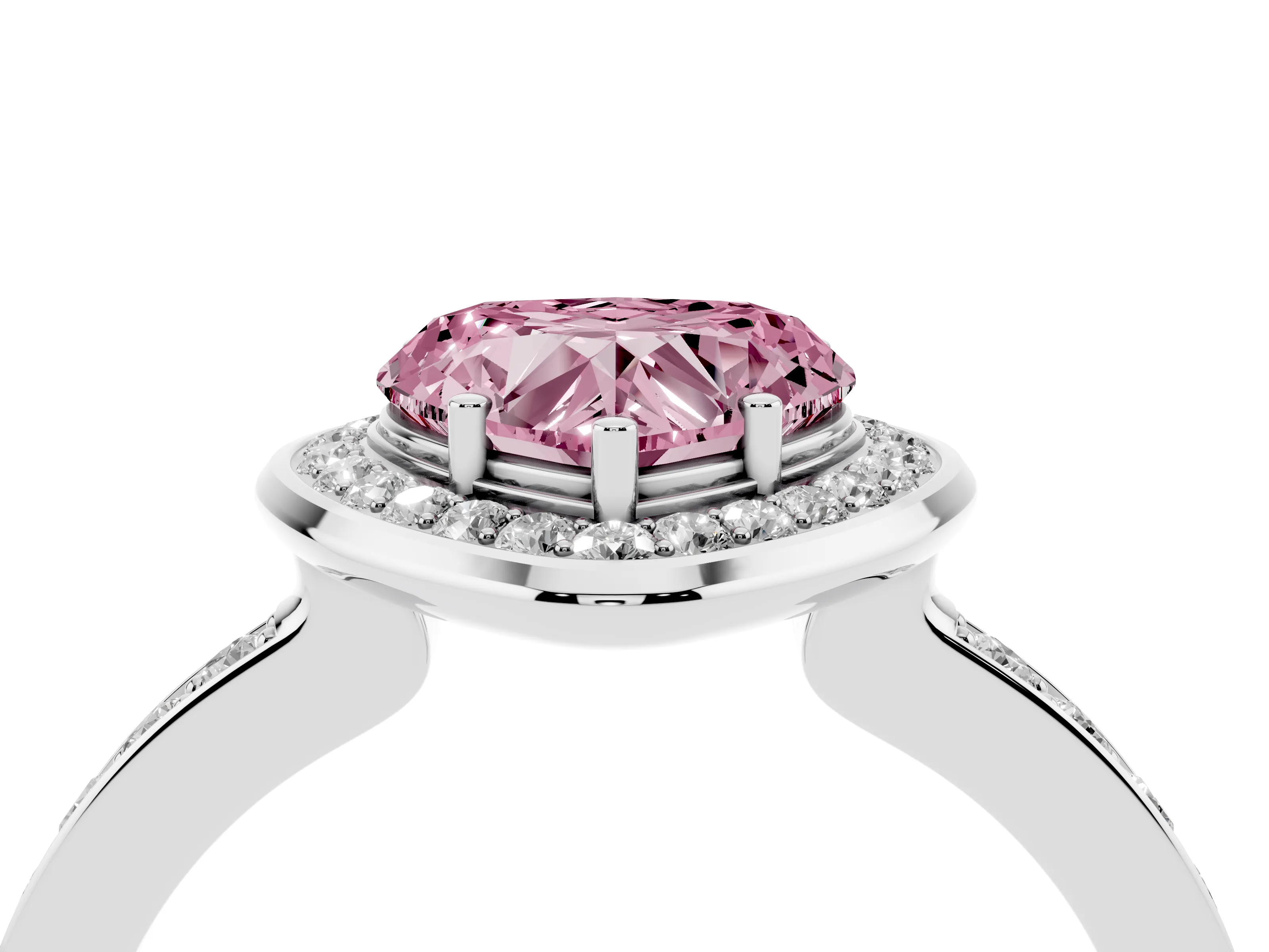 Fancy Pink Heart Cut Diamond Halo Ring Set in Silver with Bezel Frame and Pavé Band