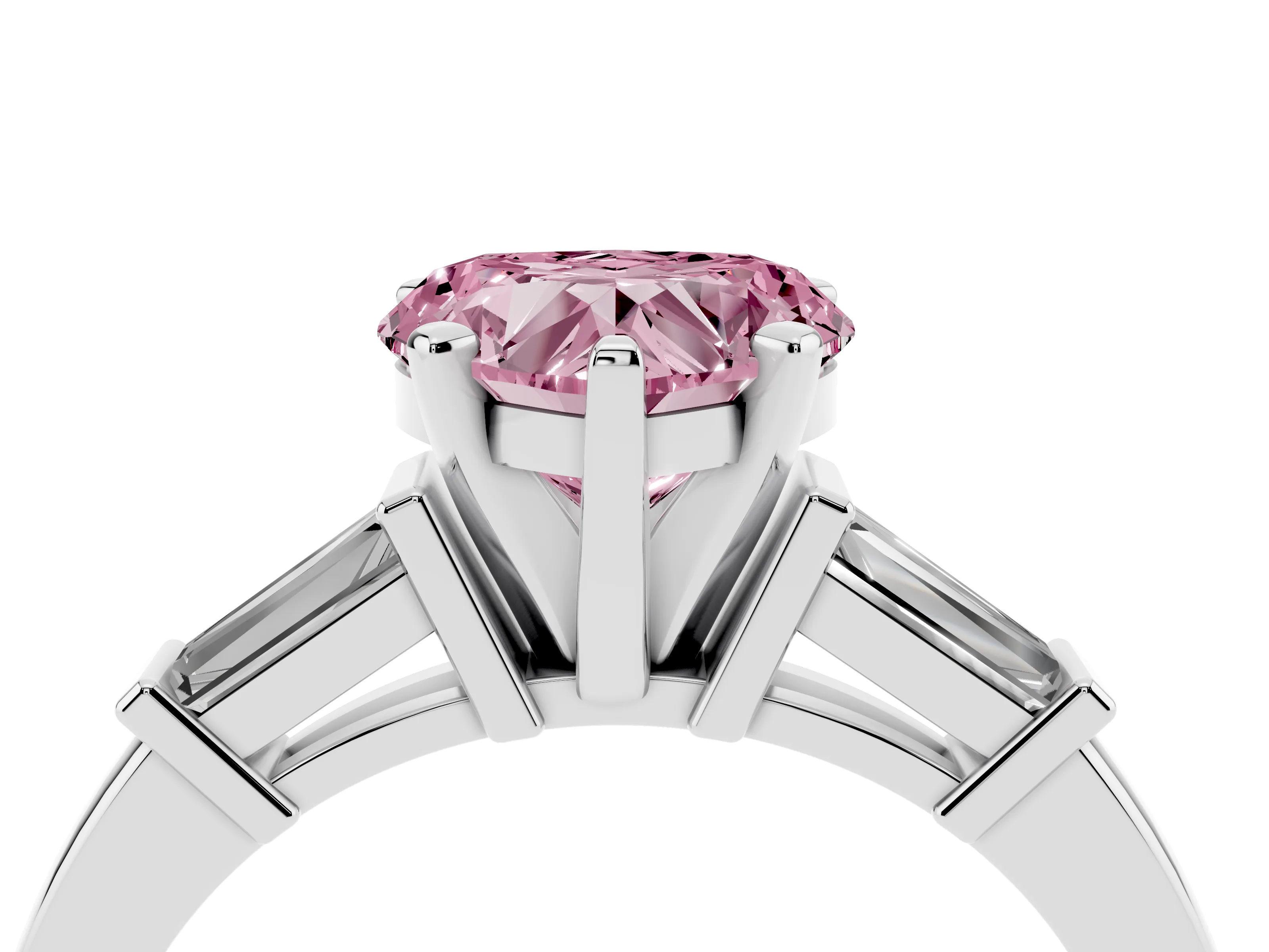Fancy Pink Heart Cut Diamond Solitaire Ring Set in Silver with Tapered Baguette Accents and Prong Setting