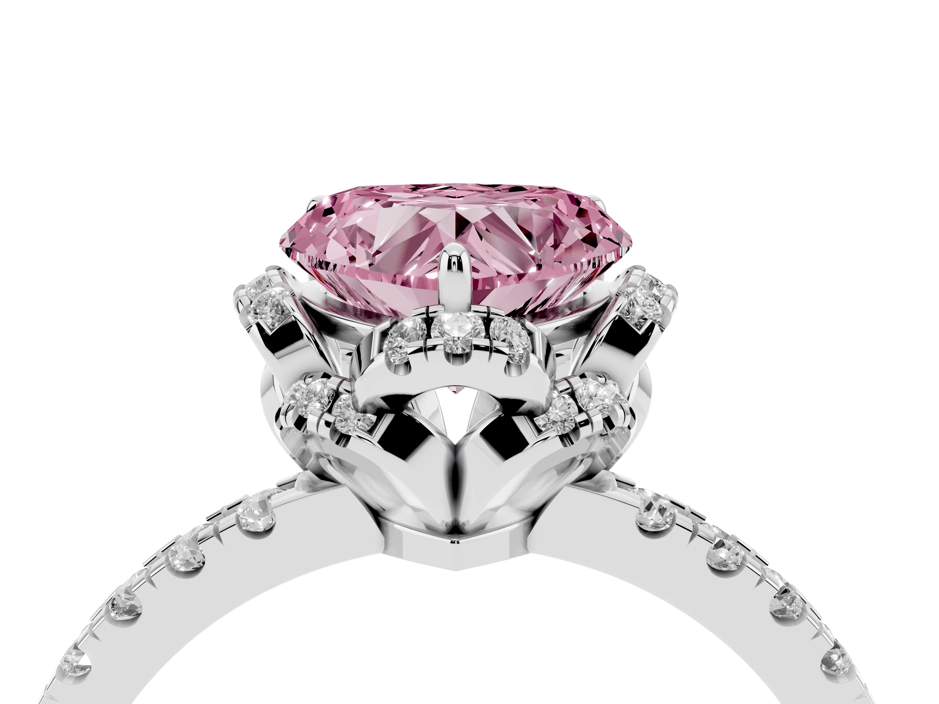 Fancy Pink Heart Cut Diamond Halo Pavé Band Ring Set in Platinum with Prong-Held Center