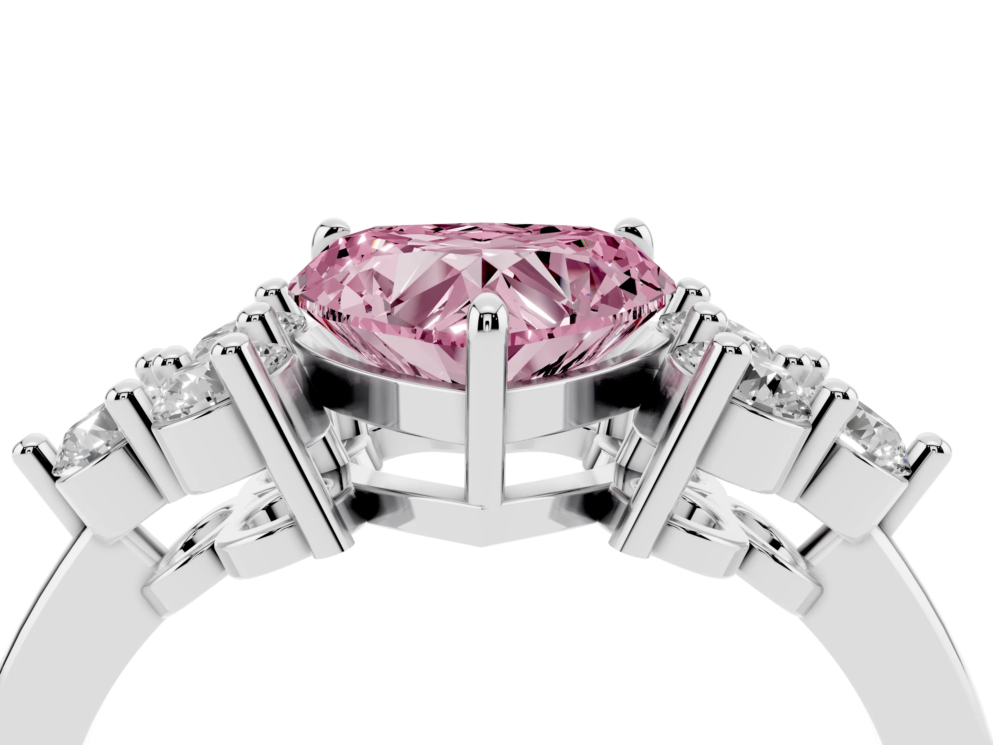 Fancy Pink Heart Cut Diamond Solitaire Ring Set in Silver with Cluster Accents on Each Side