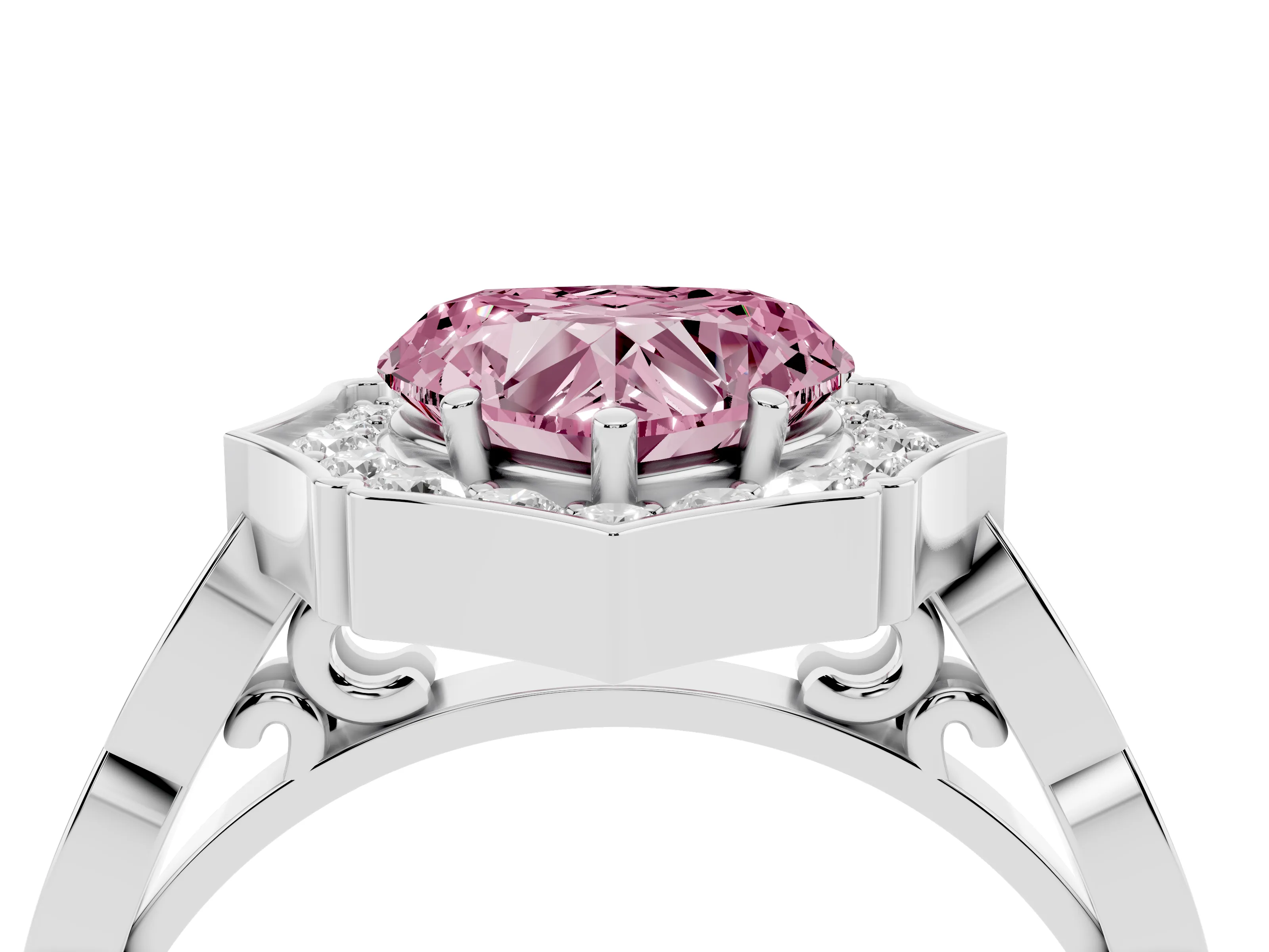 Fancy Pink Heart Cut Diamond Halo Engagement Ring Set in White gold with Milgrain Band and Prong Setting