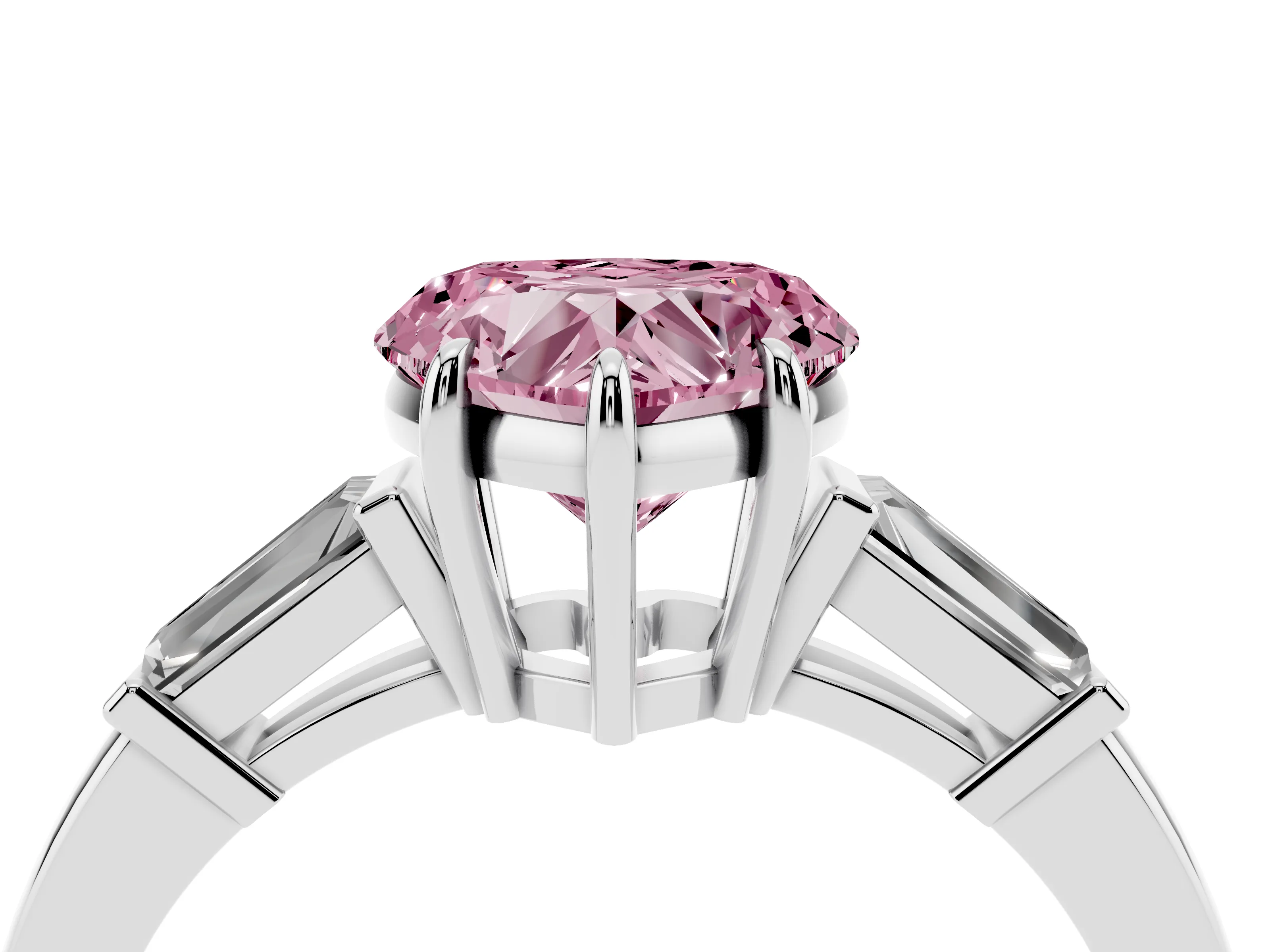 Fancy Pink Heart Cut Diamond Three-Stone Ring Set in Platinum with Tapered Baguette Side Stones and Prong Setting