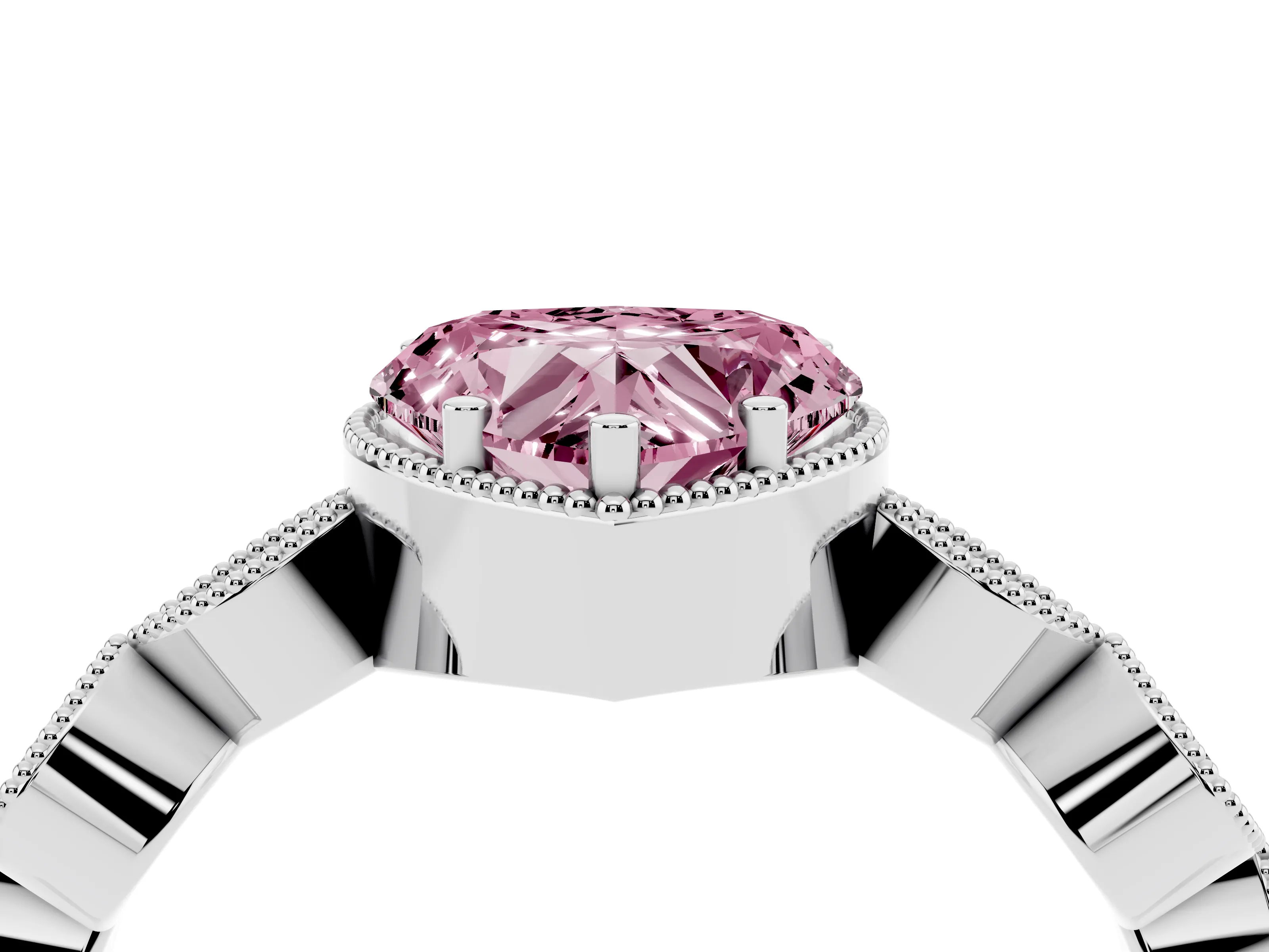 Fancy Pink Heart Cut Diamond Vintage-Inspired Milgrain Ring Set in White gold with Marquise Stations of Round Accents