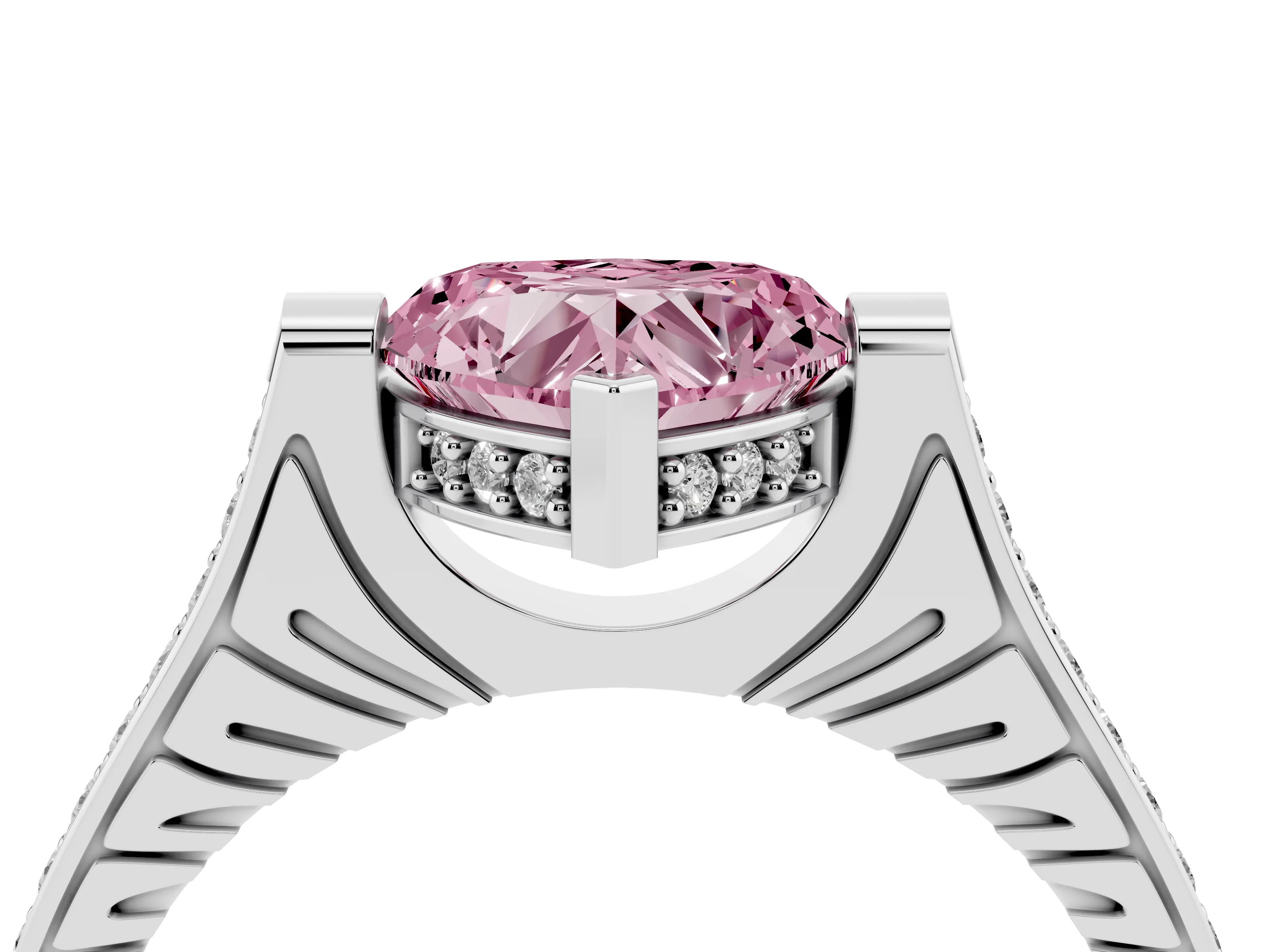 Fancy Pink Heart Cut Diamond Solitaire Ring Set in White gold with Channel Set Band and Bezel Prong Setting