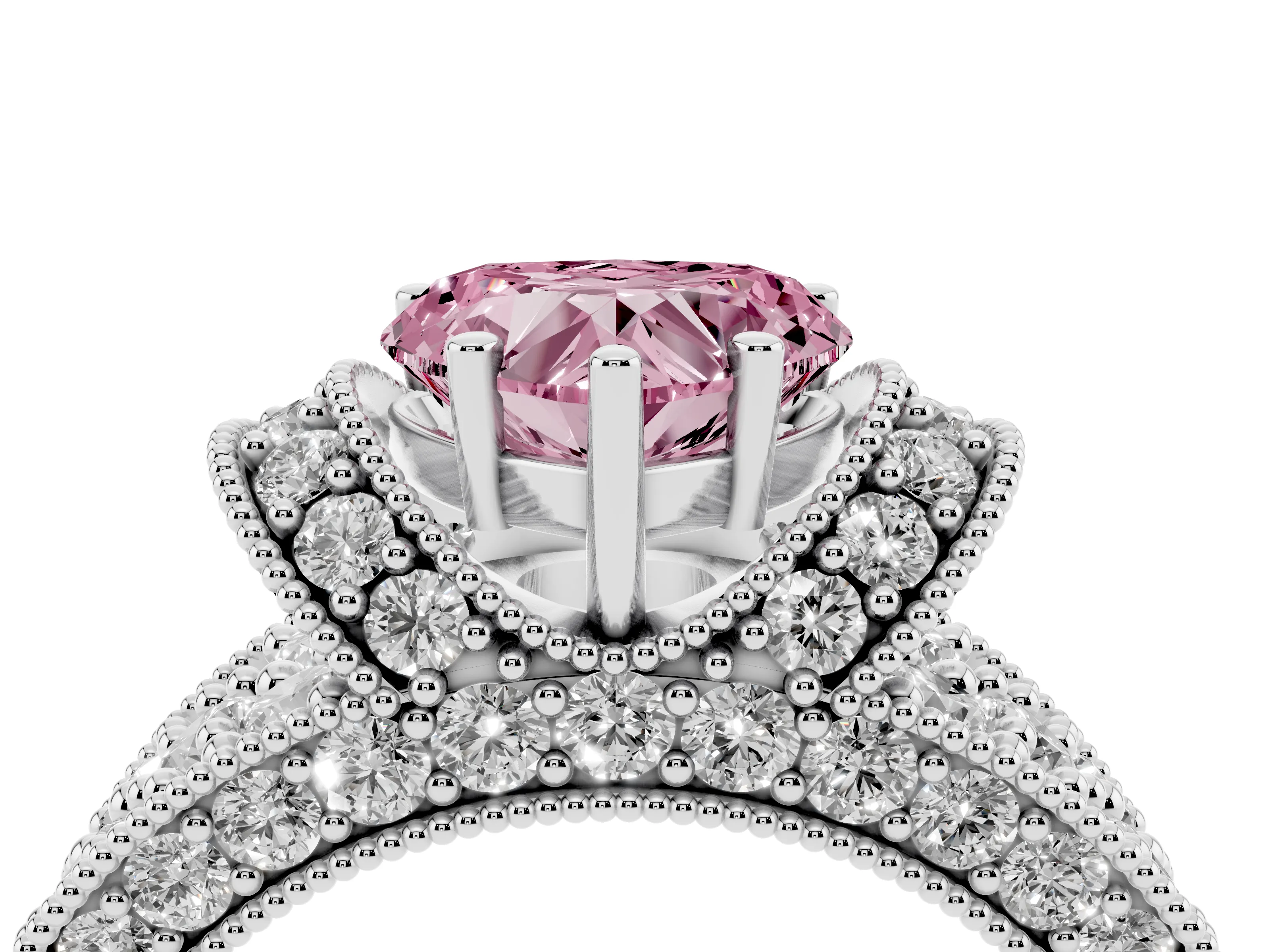 Fancy Pink Heart Cut Diamond Milgrain Halo Pavé Engagement Ring Set in Silver with Prong Setting