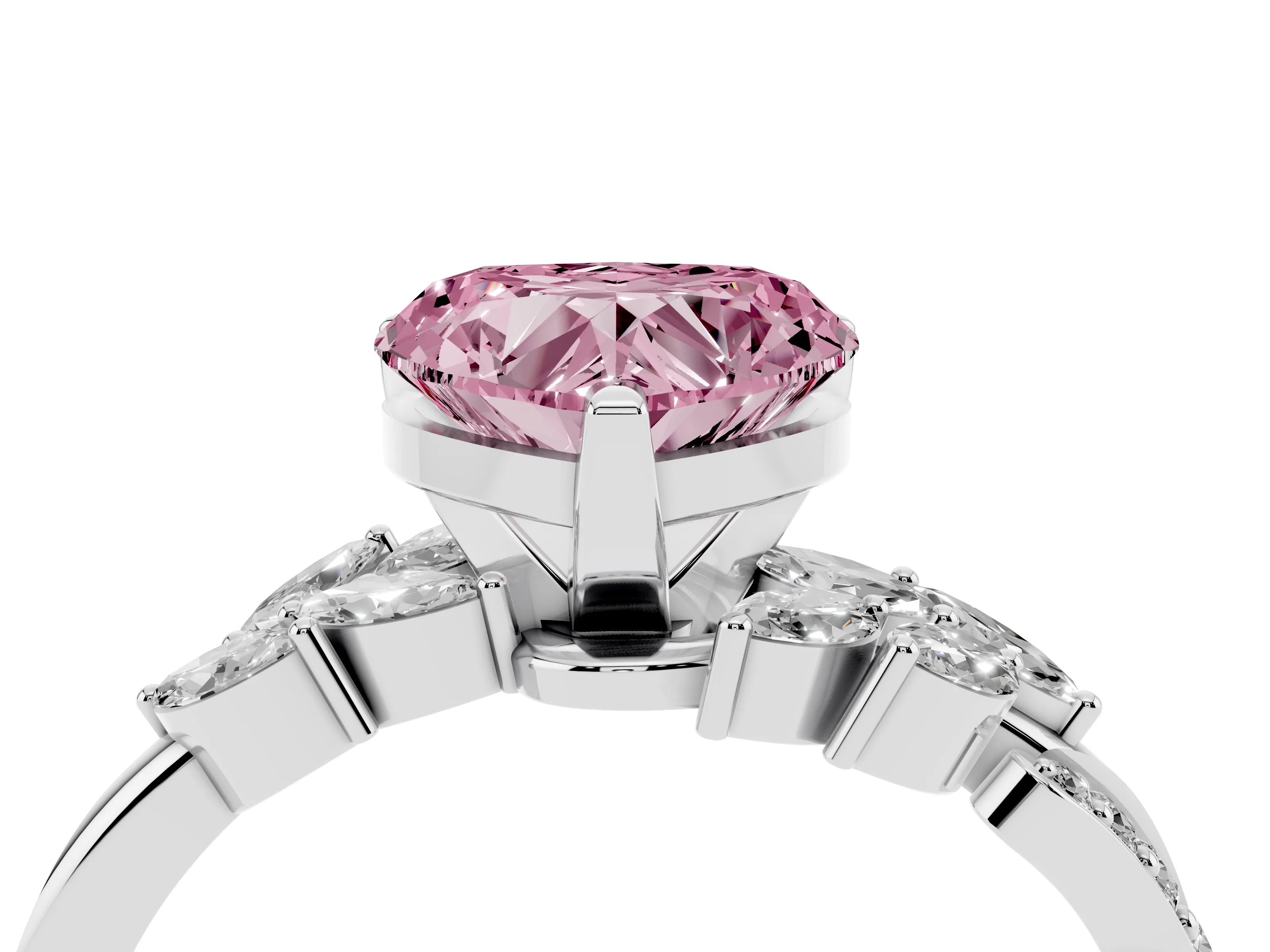 Fancy Pink Heart Cut Diamond Solitaire Ring Set in Silver with Marquise Twist Band and Prong Setting