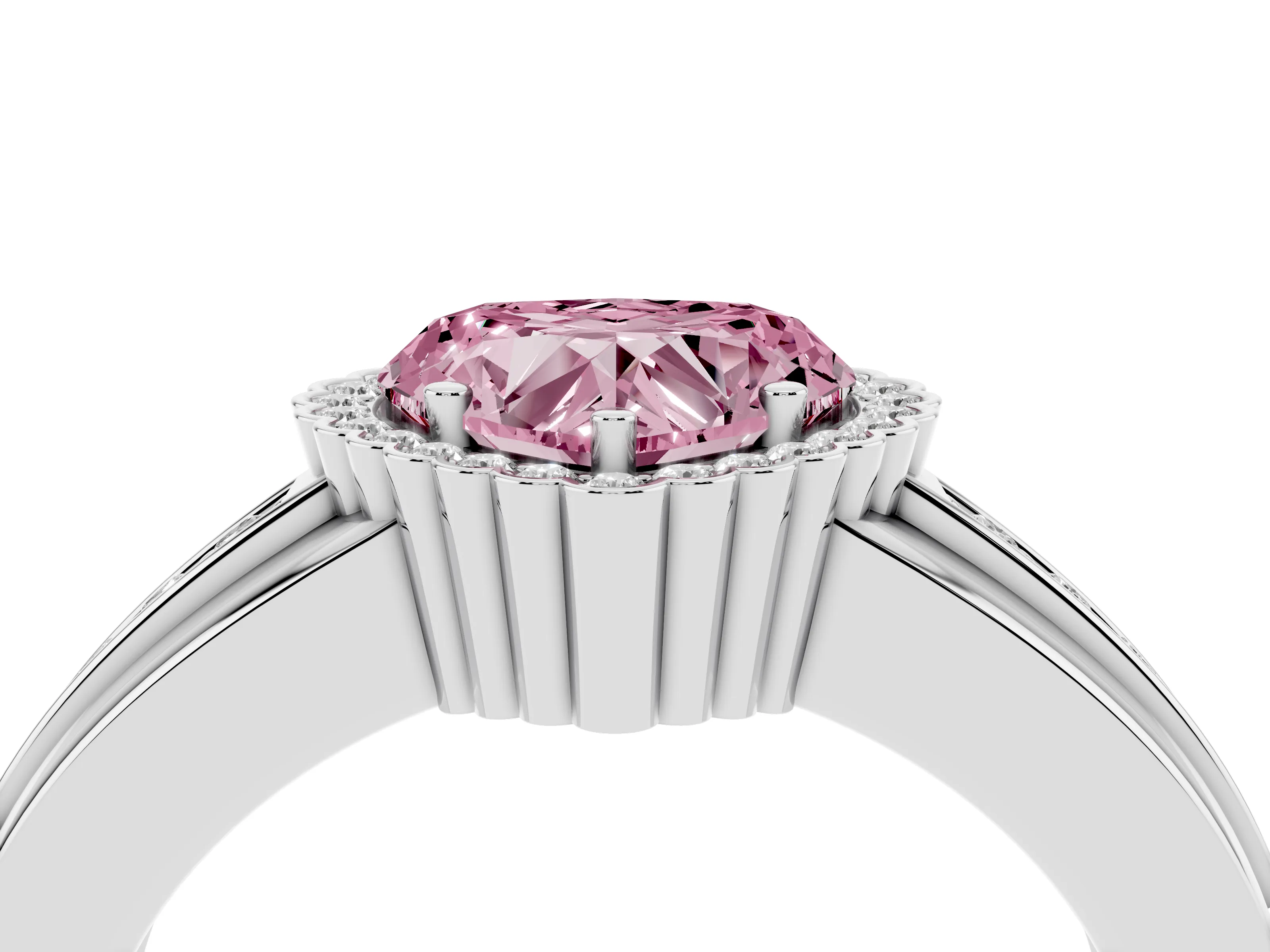 Fancy Pink Heart Cut Diamond Halo Prong Ring Set in White gold with Pavé Band