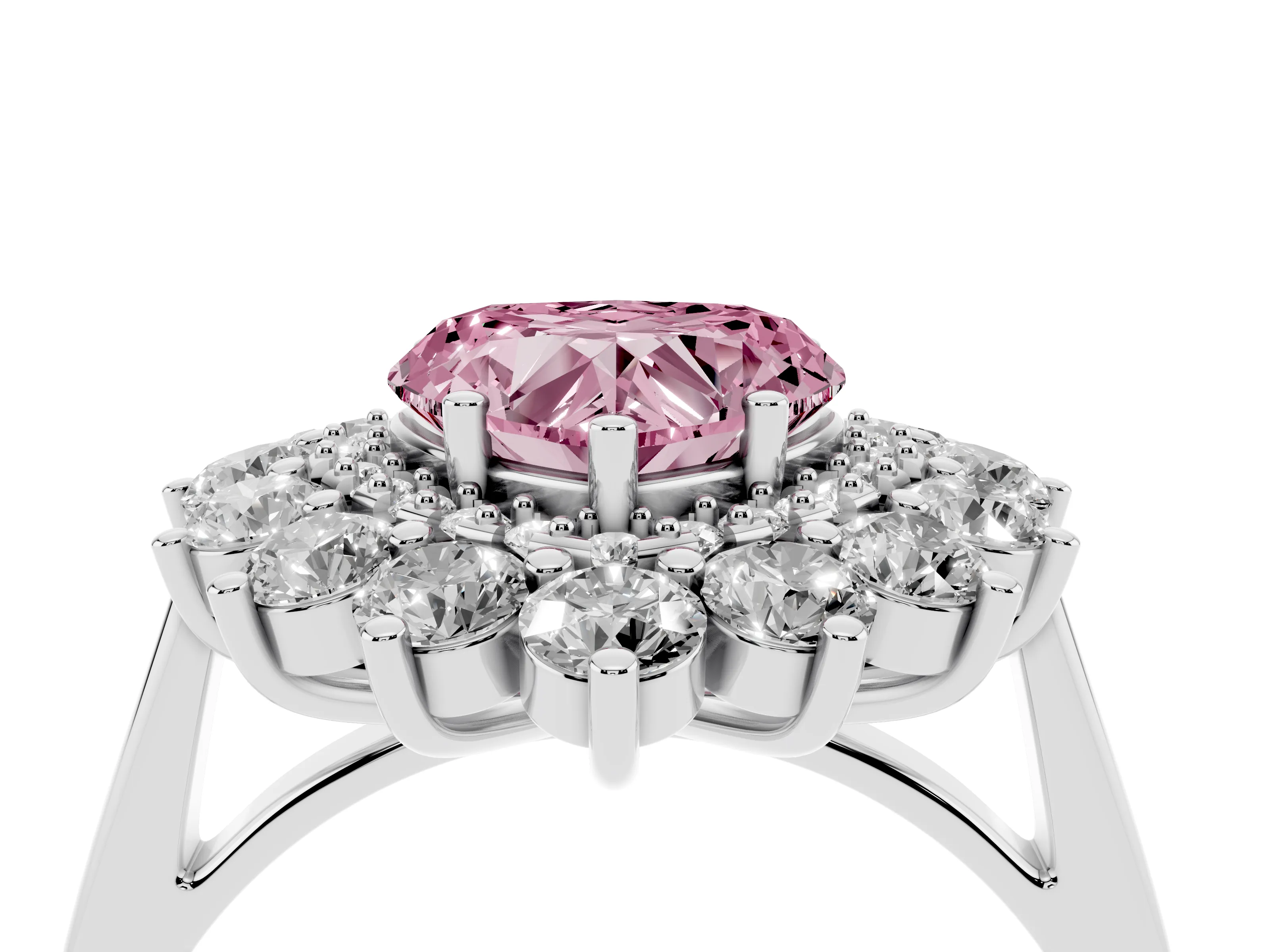 Fancy Pink Heart Cut Diamond Floral Double Halo Ring Set in Silver with Round Petals