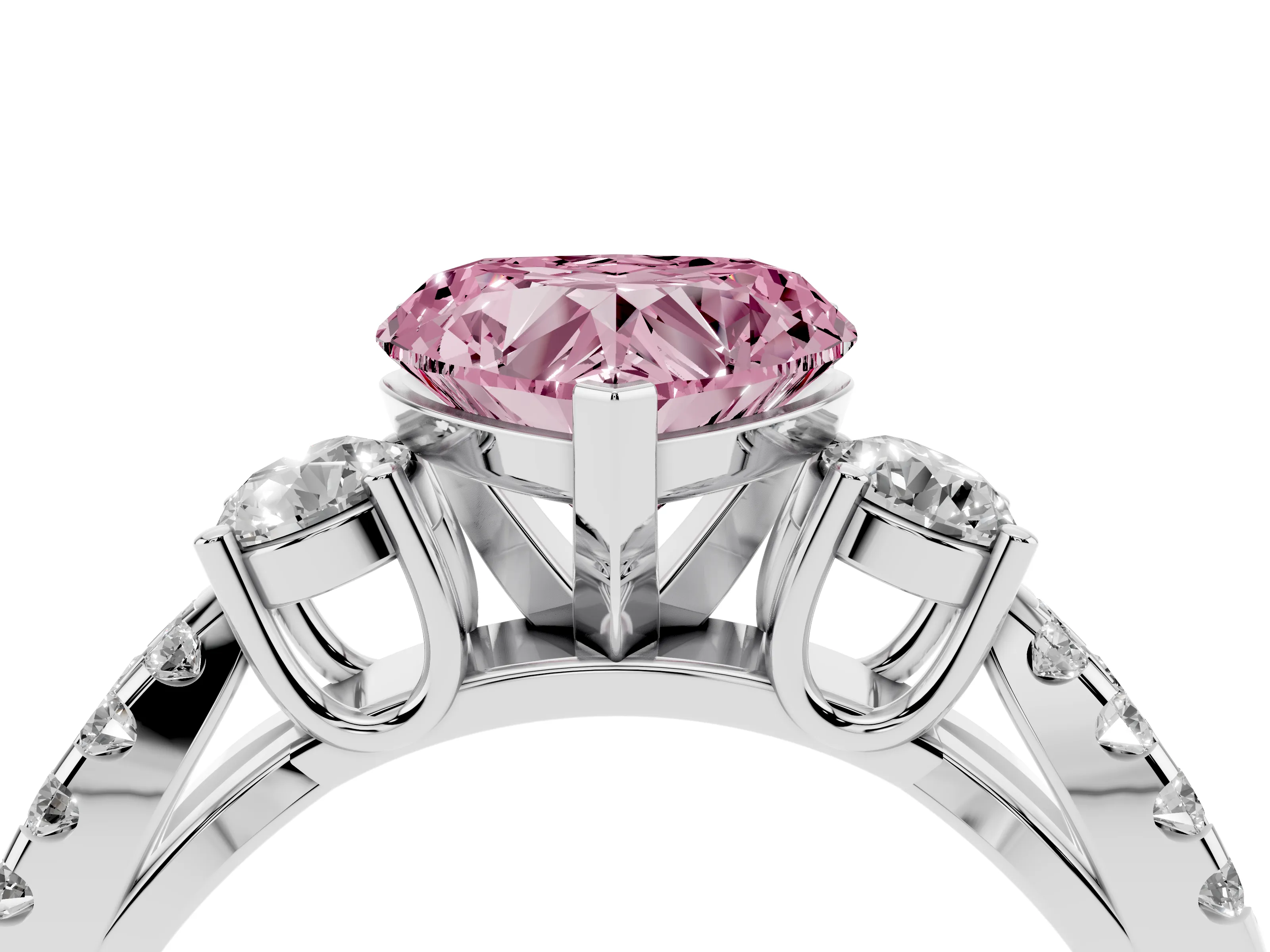 Fancy Pink Heart Cut Diamond Three-Stone Ring Set in Silver with Pavé Split Shank and Prong Setting