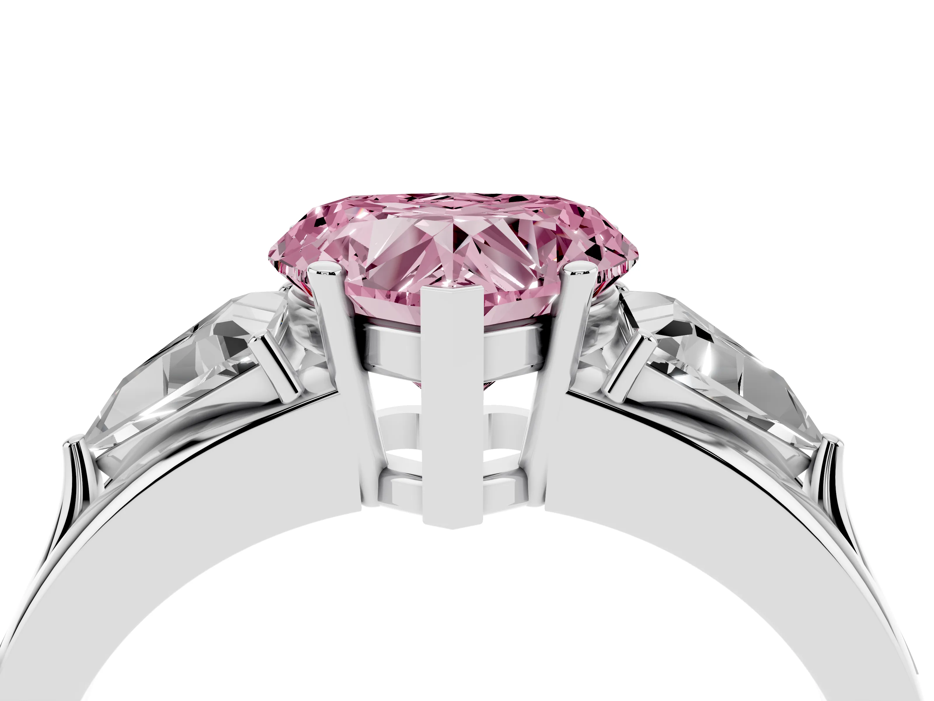 Fancy Pink Heart Cut Diamond Three-Stone Ring Set in Platinum with Trillion Side Stones and Split Shank