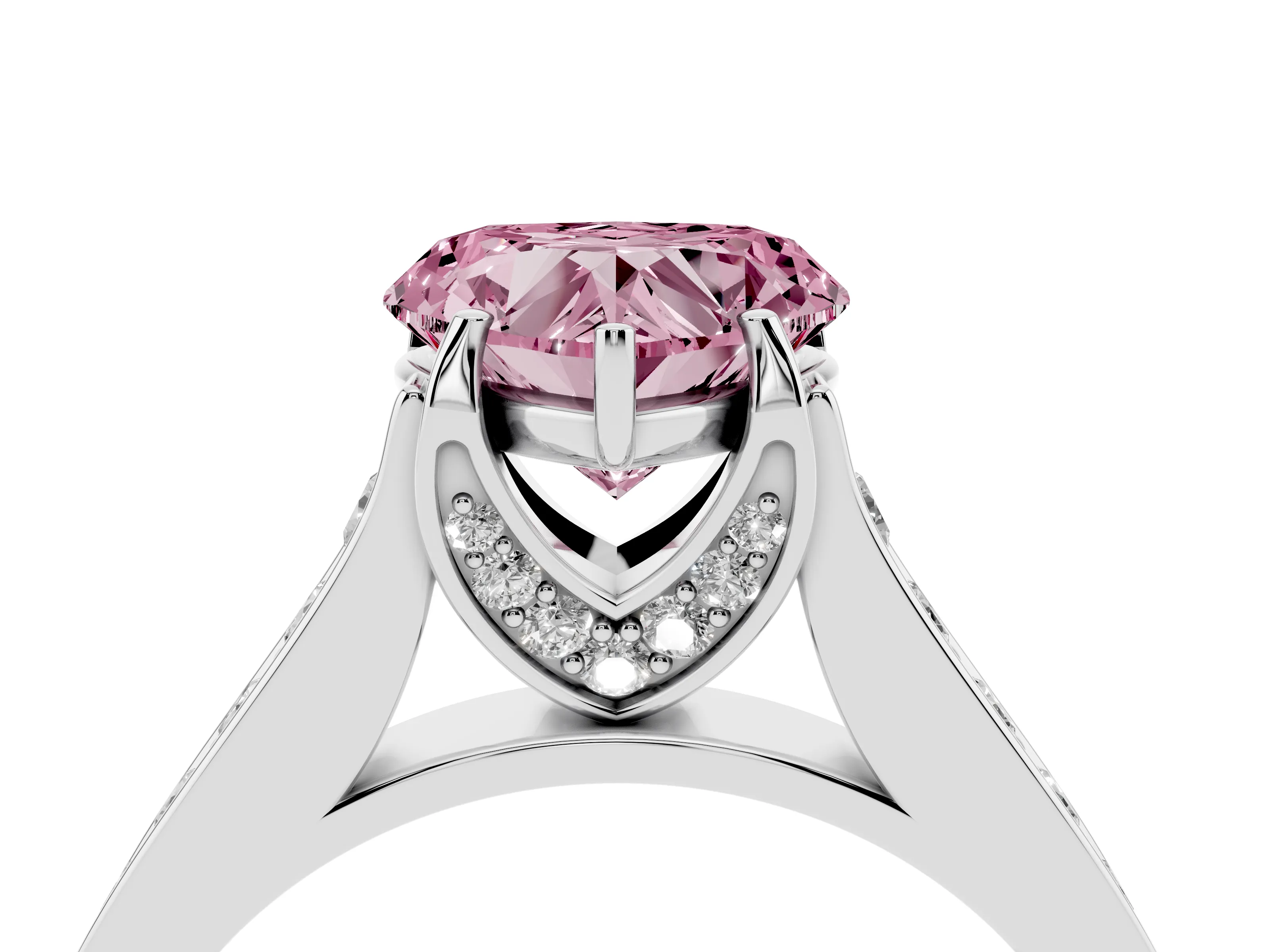 Fancy Pink Heart Cut Diamond Solitaire Pavé Engagement Ring Set in Platinum with Prong Setting