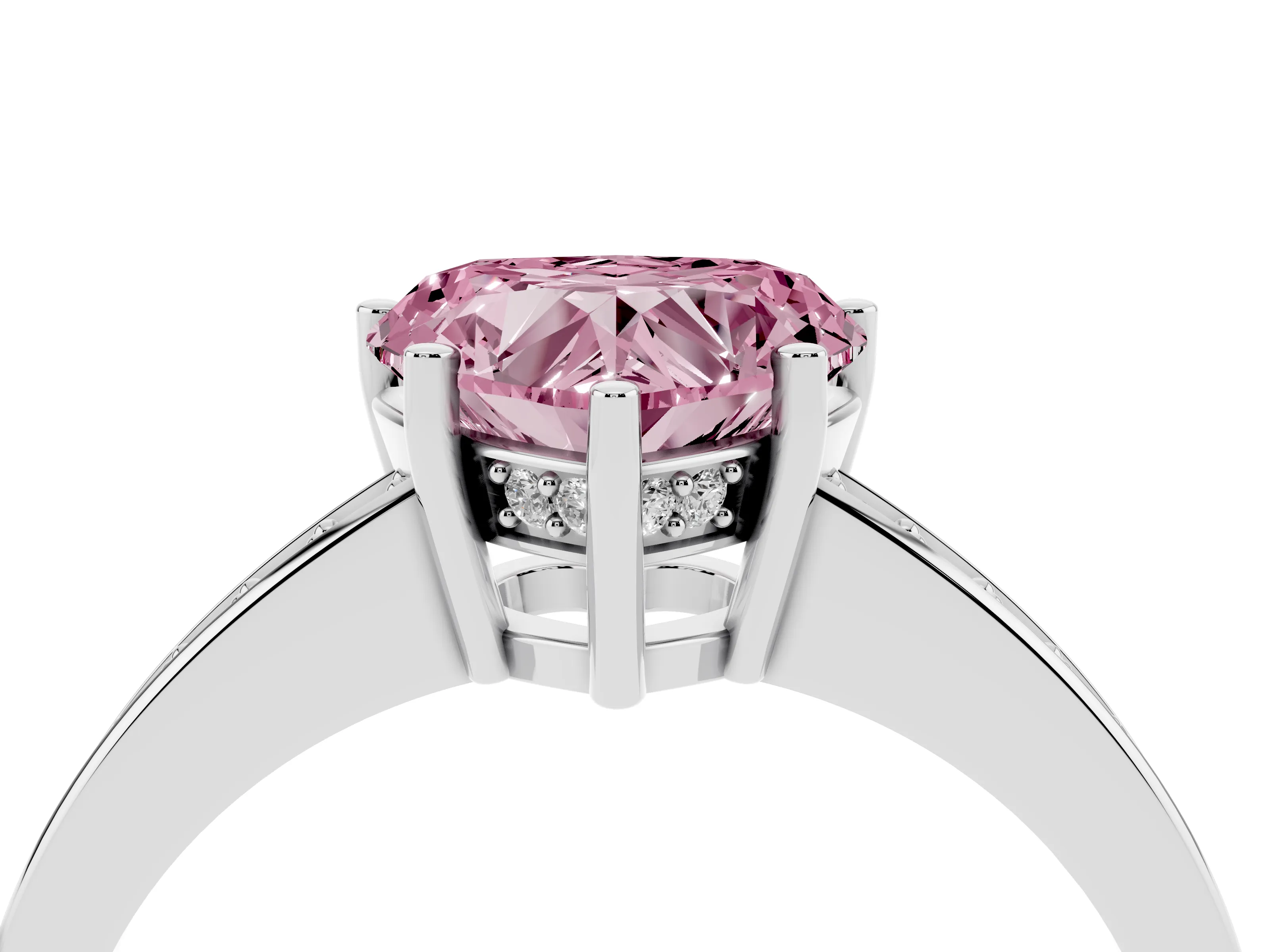 Fancy Pink Heart Cut Diamond Pavé Band Prong Set Solitaire Ring Set in Silver
