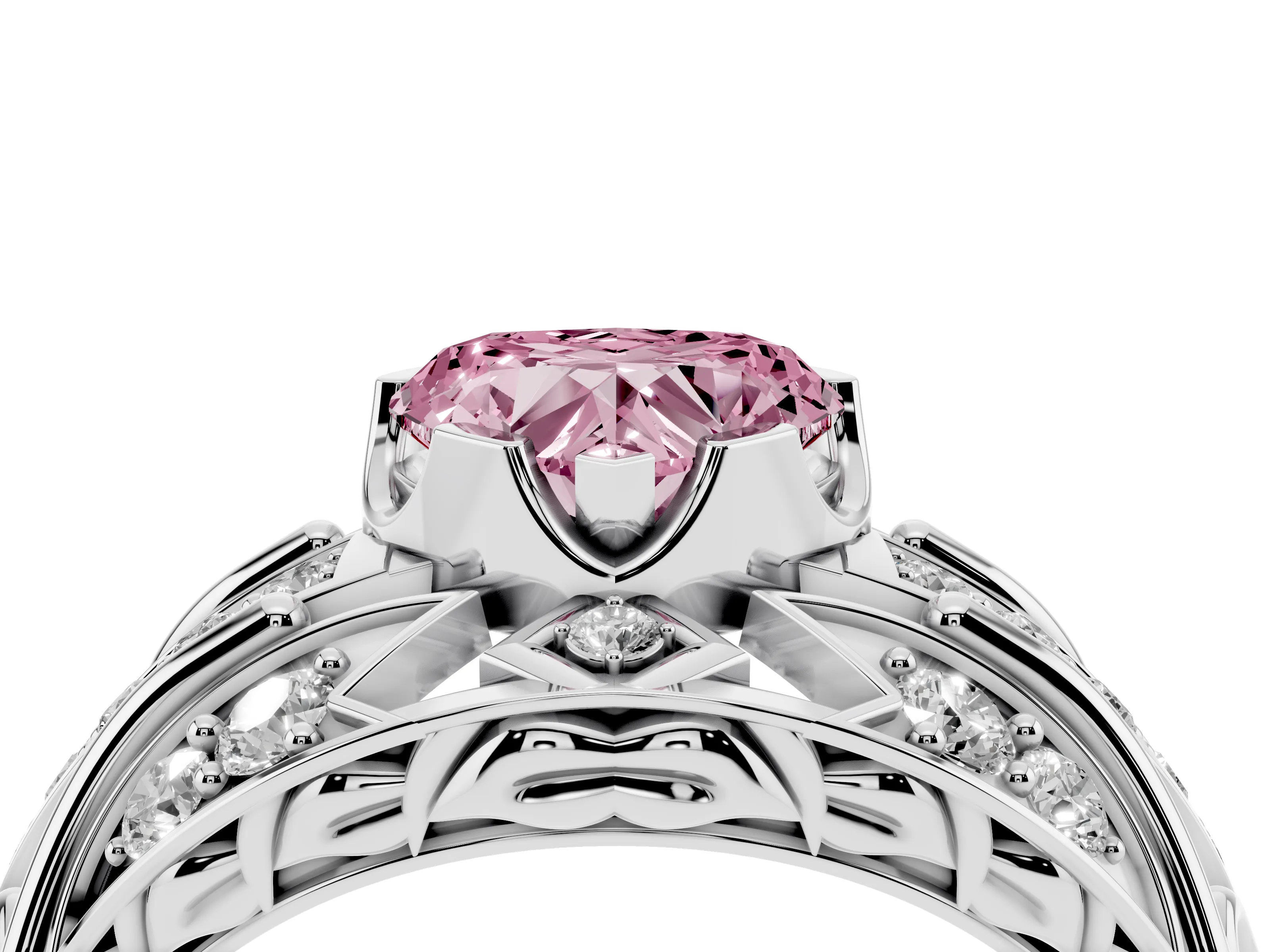Fancy Pink Heart Cut Diamond Art Deco Ring Set in White gold with Pavé Split Shank