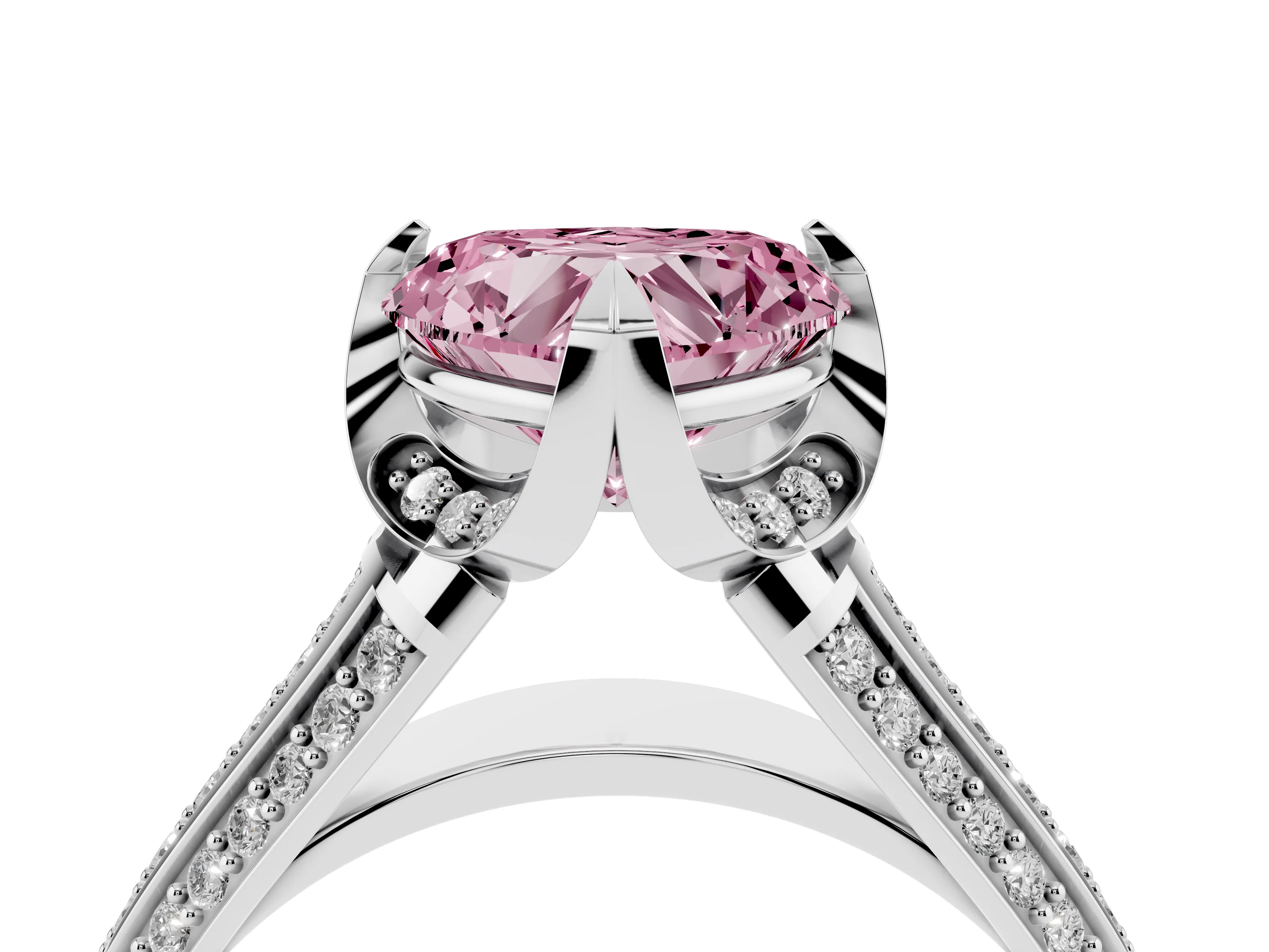 Fancy Pink Heart Cut Diamond Pavé Split Shank Solitaire Ring Set in Silver with Prong Setting