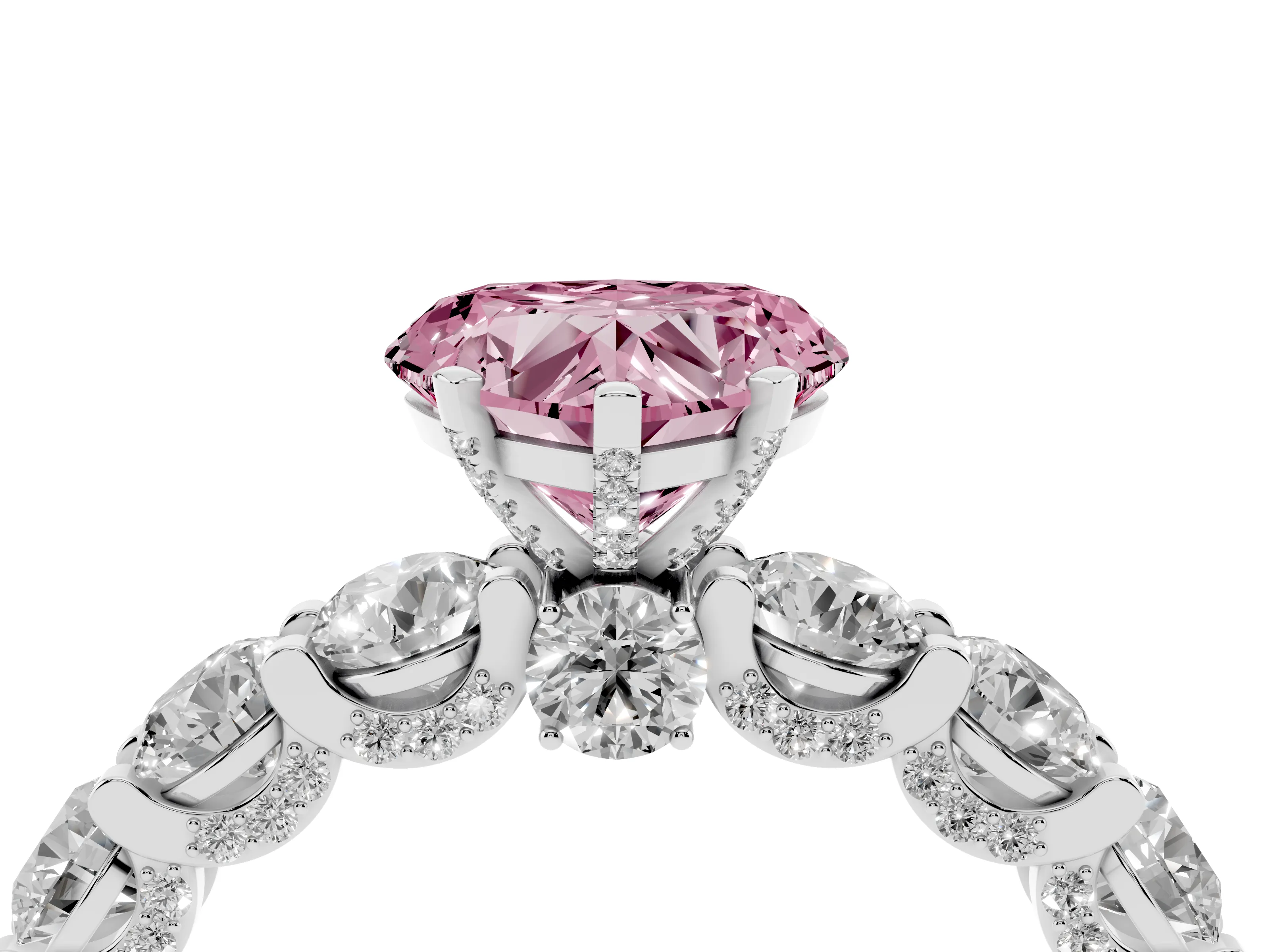 Fancy Pink Heart Cut Diamond Side Stone Ring Set in White gold with Alternating Round and Oval Side Stones