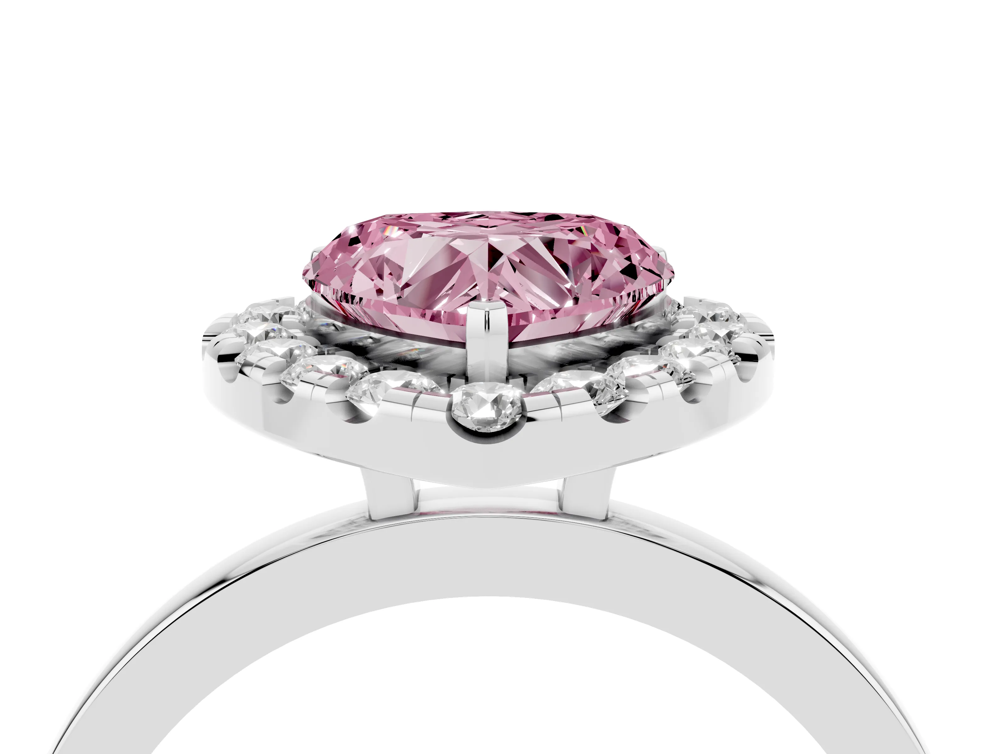 Fancy Pink Heart Cut Diamond Halo Solitaire Ring Set in Silver with Pavé Band and Prong Setting