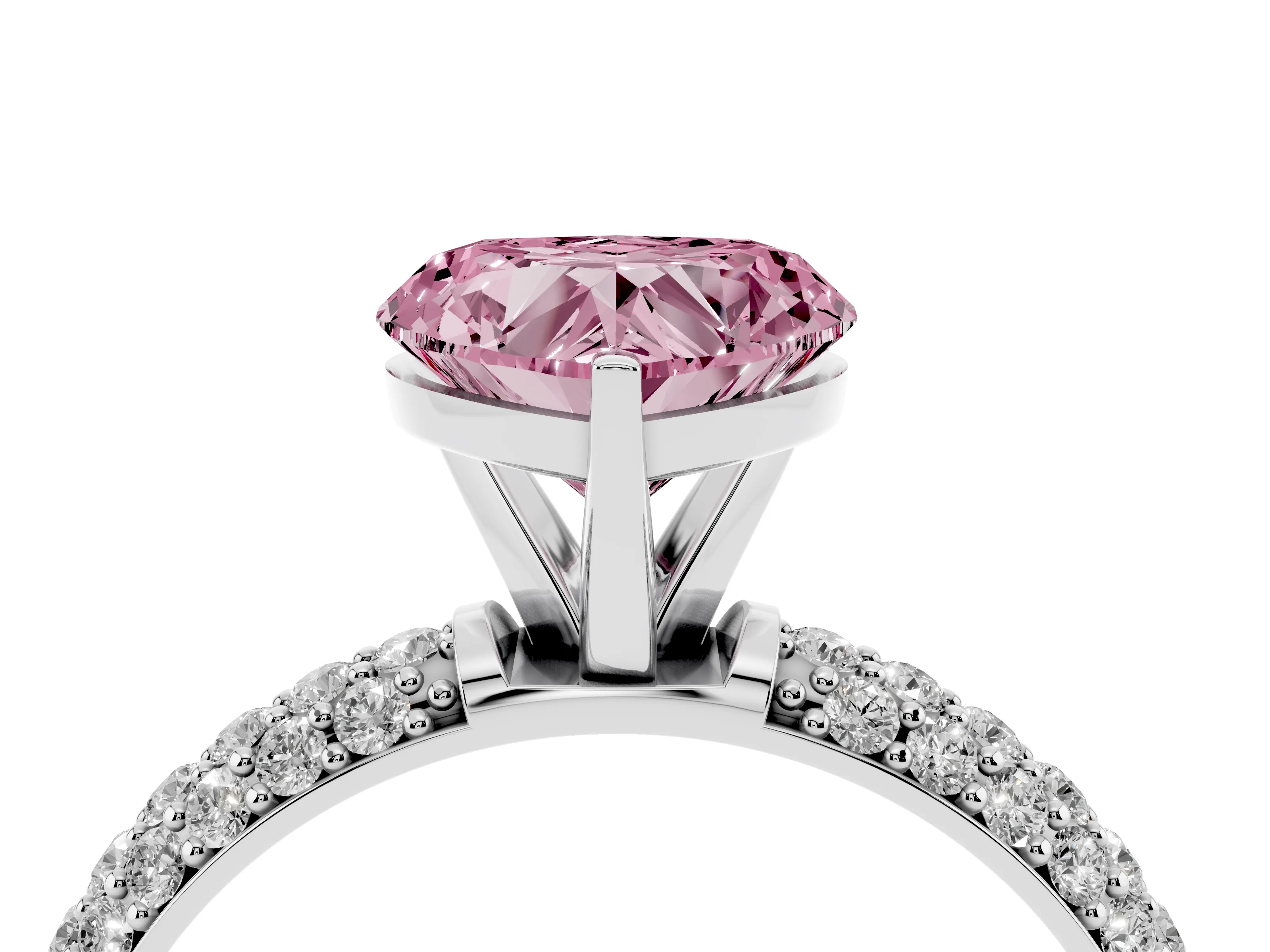 Fancy Pink Heart Cut Diamond Solitaire Ring Set in Silver with Prong Setting and Pavé-Set Band