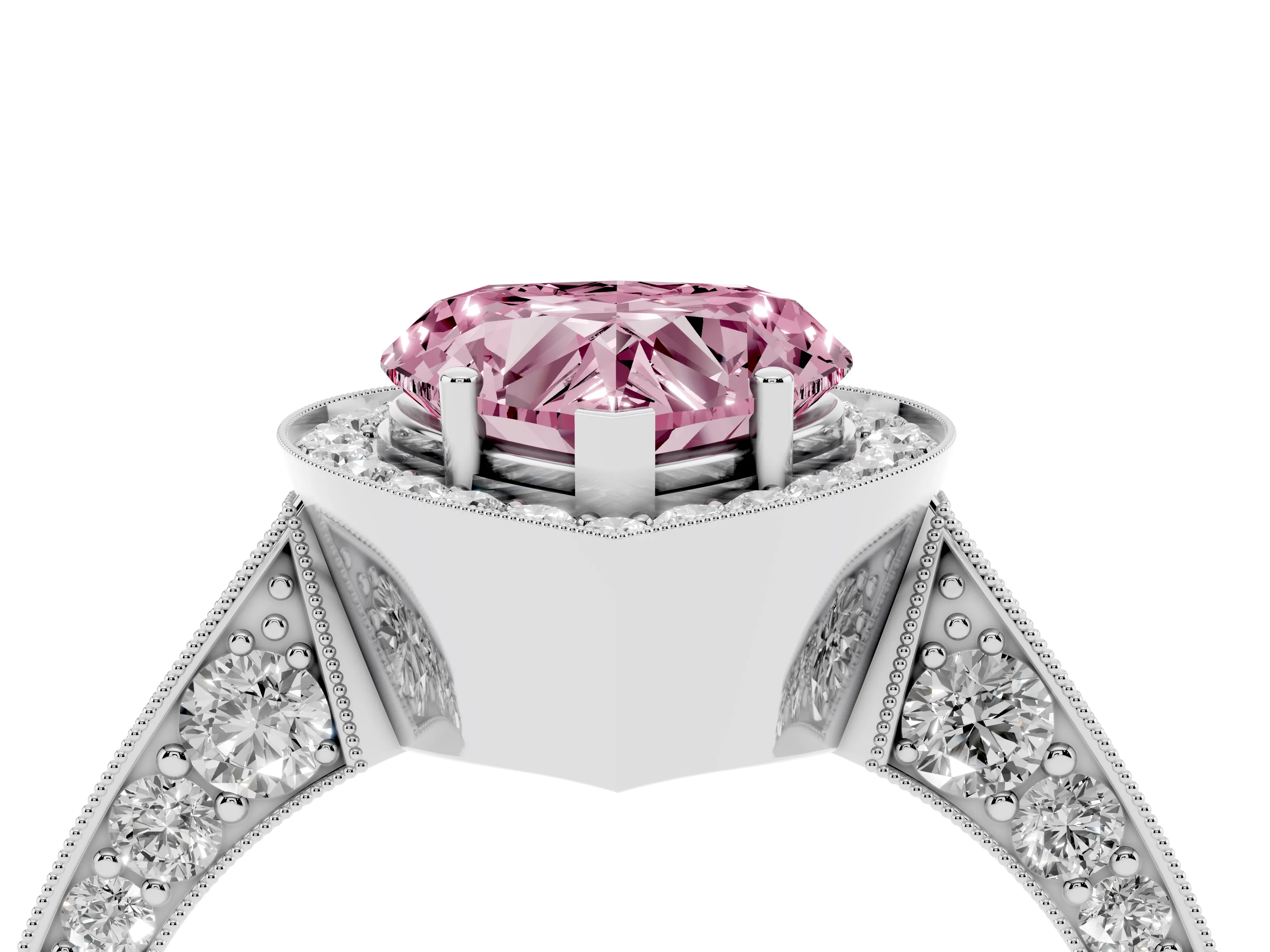 Fancy Pink Heart Cut Diamond Halo Engagement Ring Set in Platinum with Accent Split Shank Band