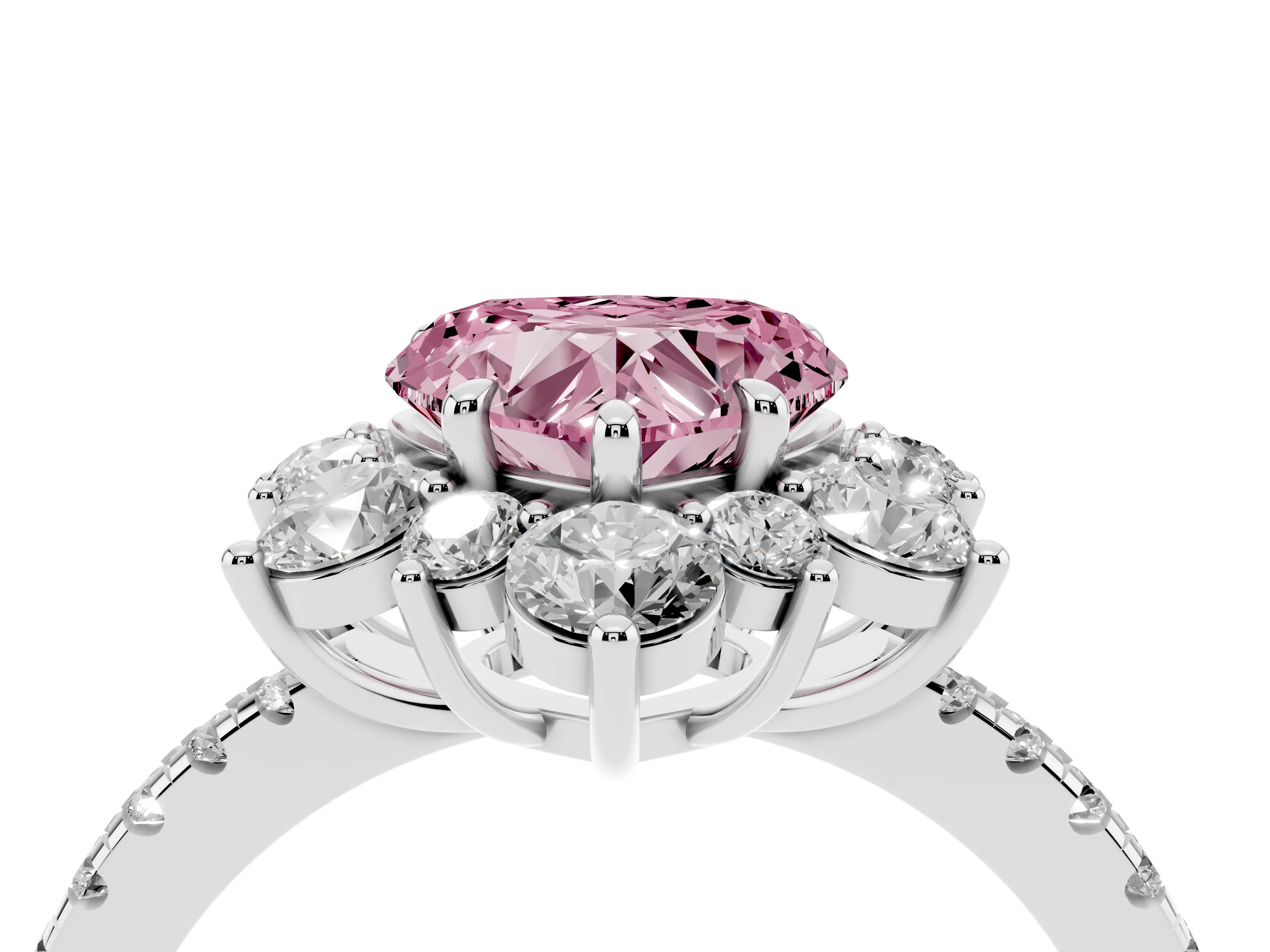 Fancy Pink Heart Cut Diamond Floral Halo Ring Set in Platinum with Round Pavé Band and Prong Setting