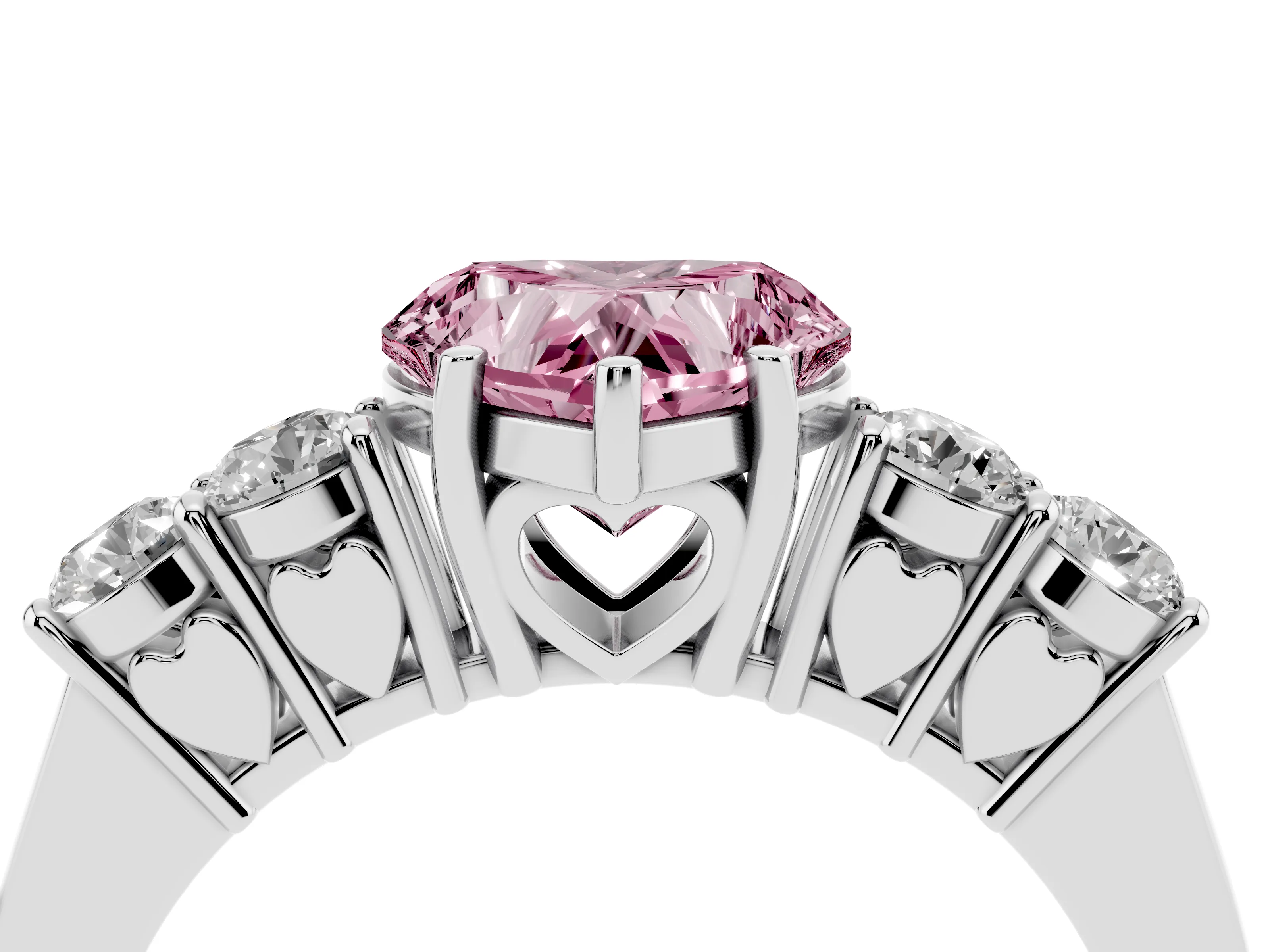 Fancy Pink Heart Cut Diamond Five-Stone Prong Set Band Ring Set in Platinum with Polished Band
