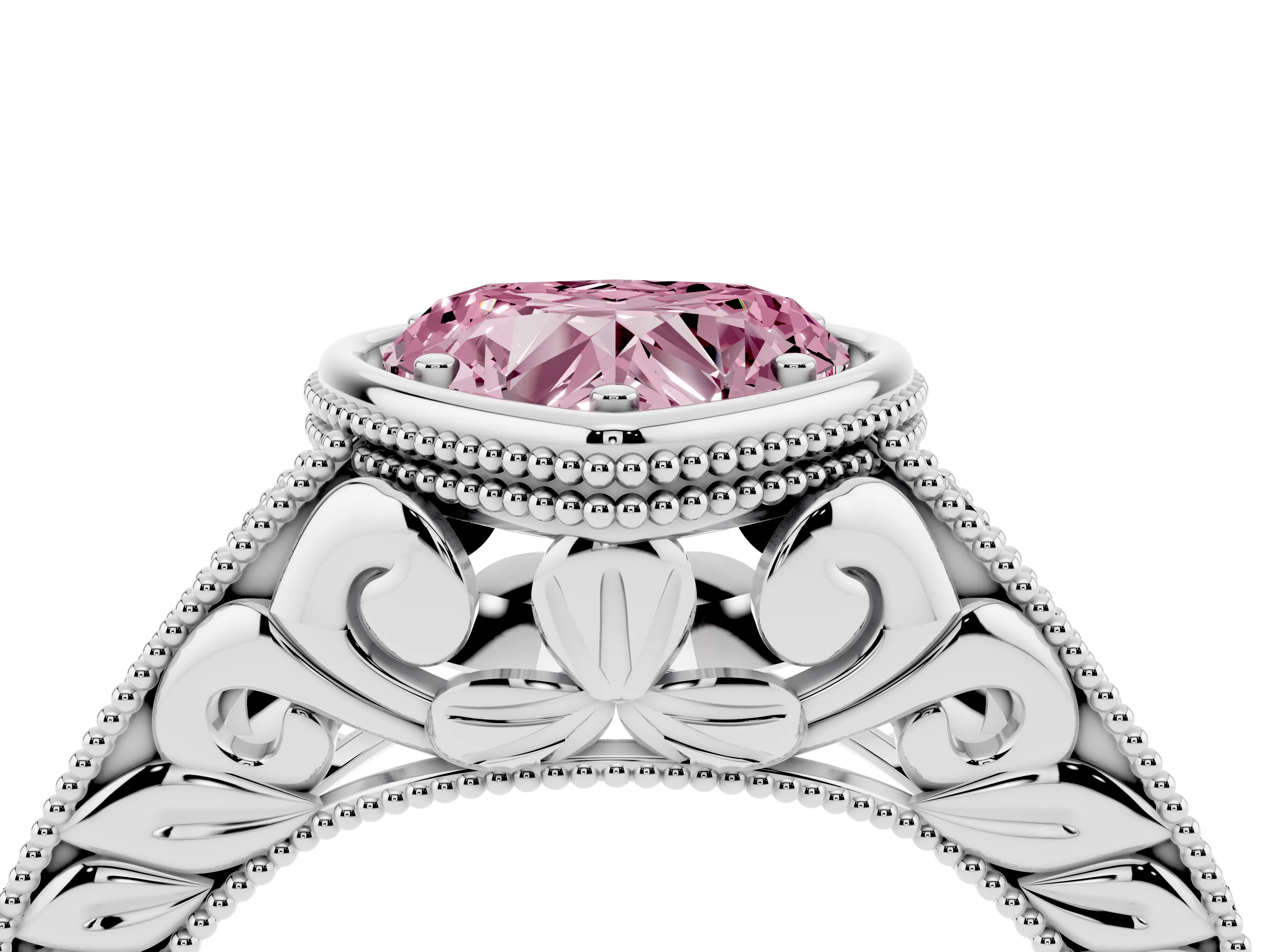 Fancy Pink Bezel Set Heart Cut Diamond Milgrain Pavé Engagement Ring Set in Silver