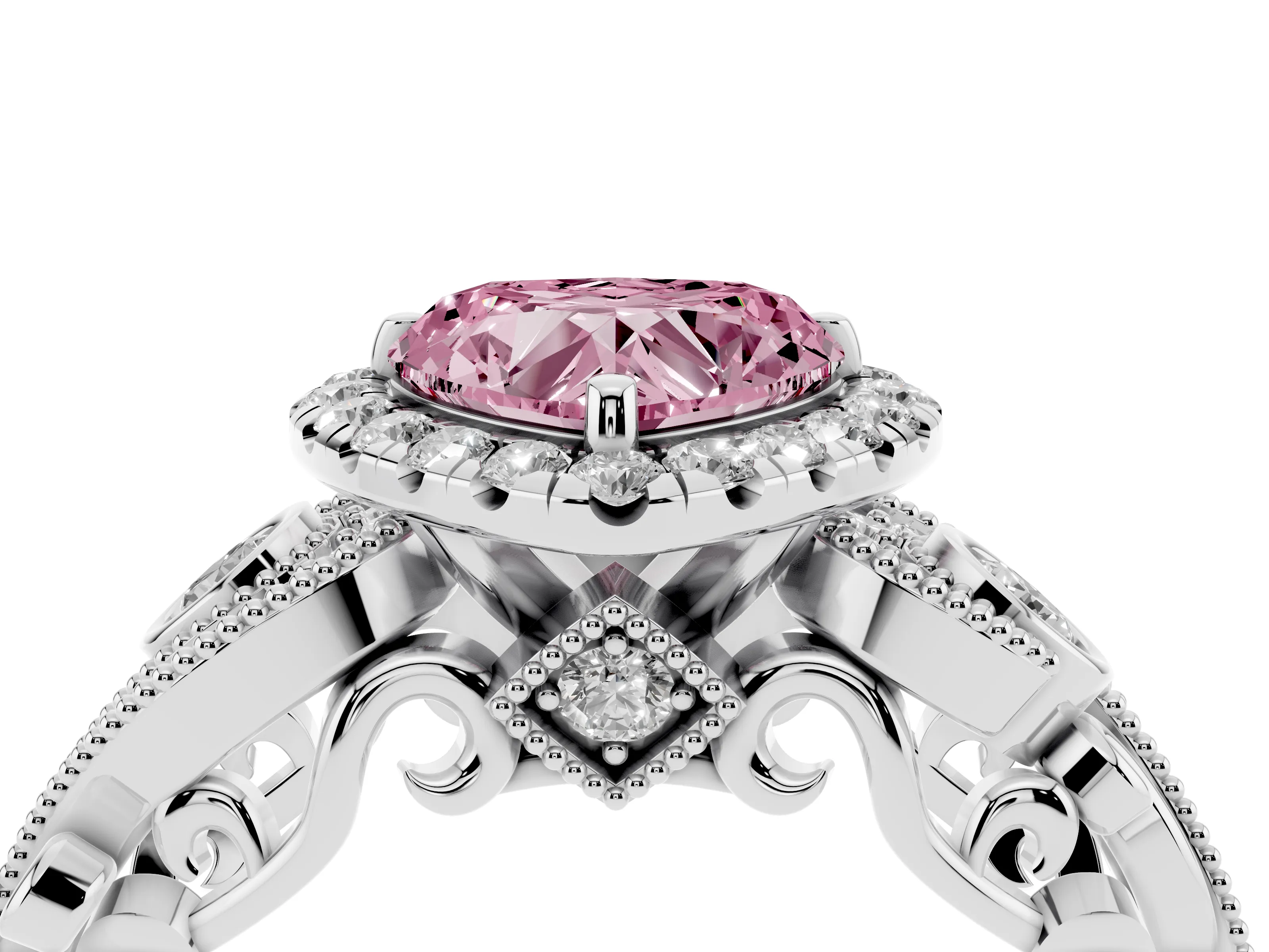 Fancy Pink Heart Cut Diamond Halo Ring Set in White gold with Milgrain Pavé Band and Prong Setting