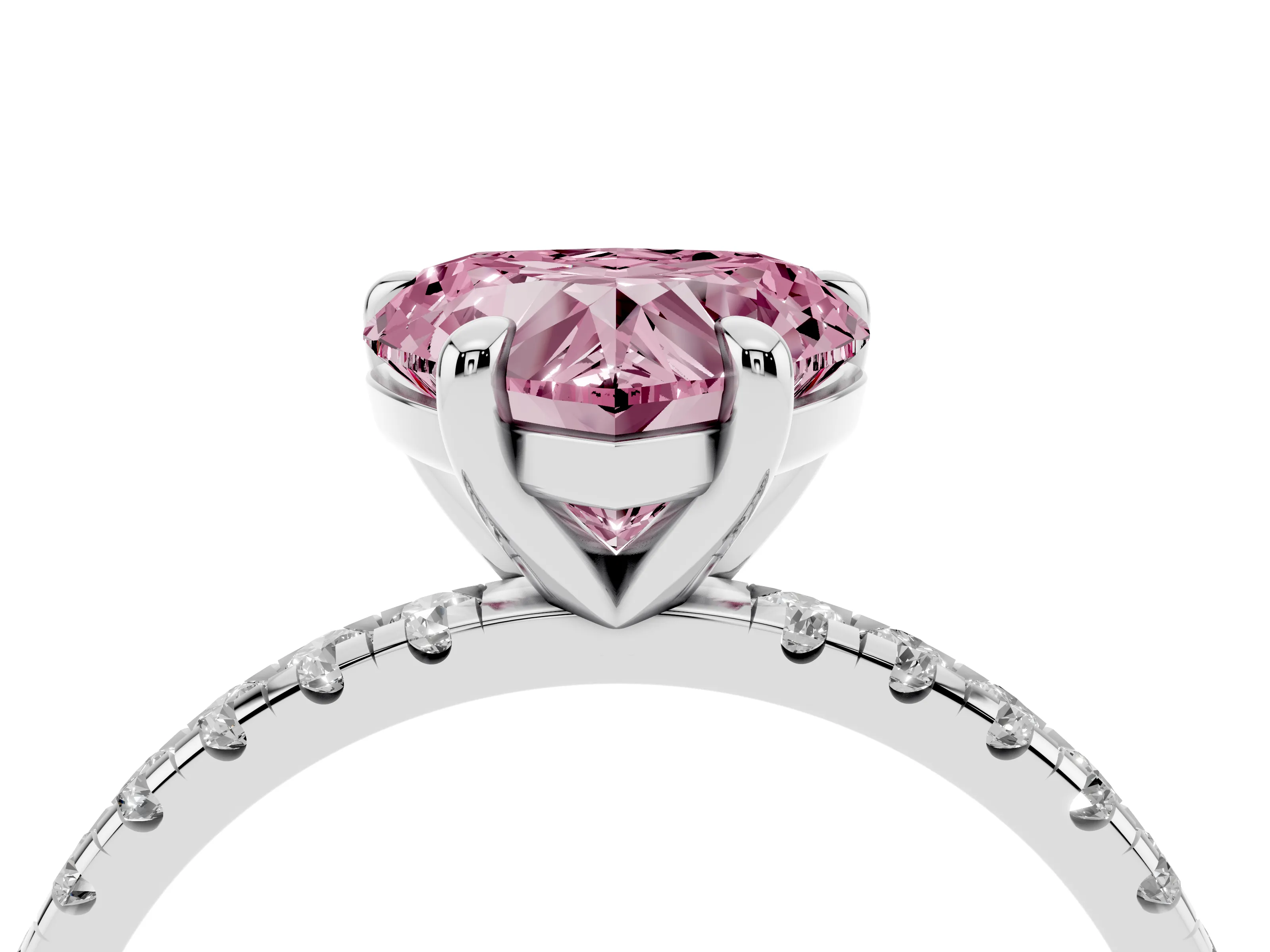 Fancy Pink Heart Cut Diamond Brilliant Solitaire Ring Set in White gold with Pavé Band and Prong Setting