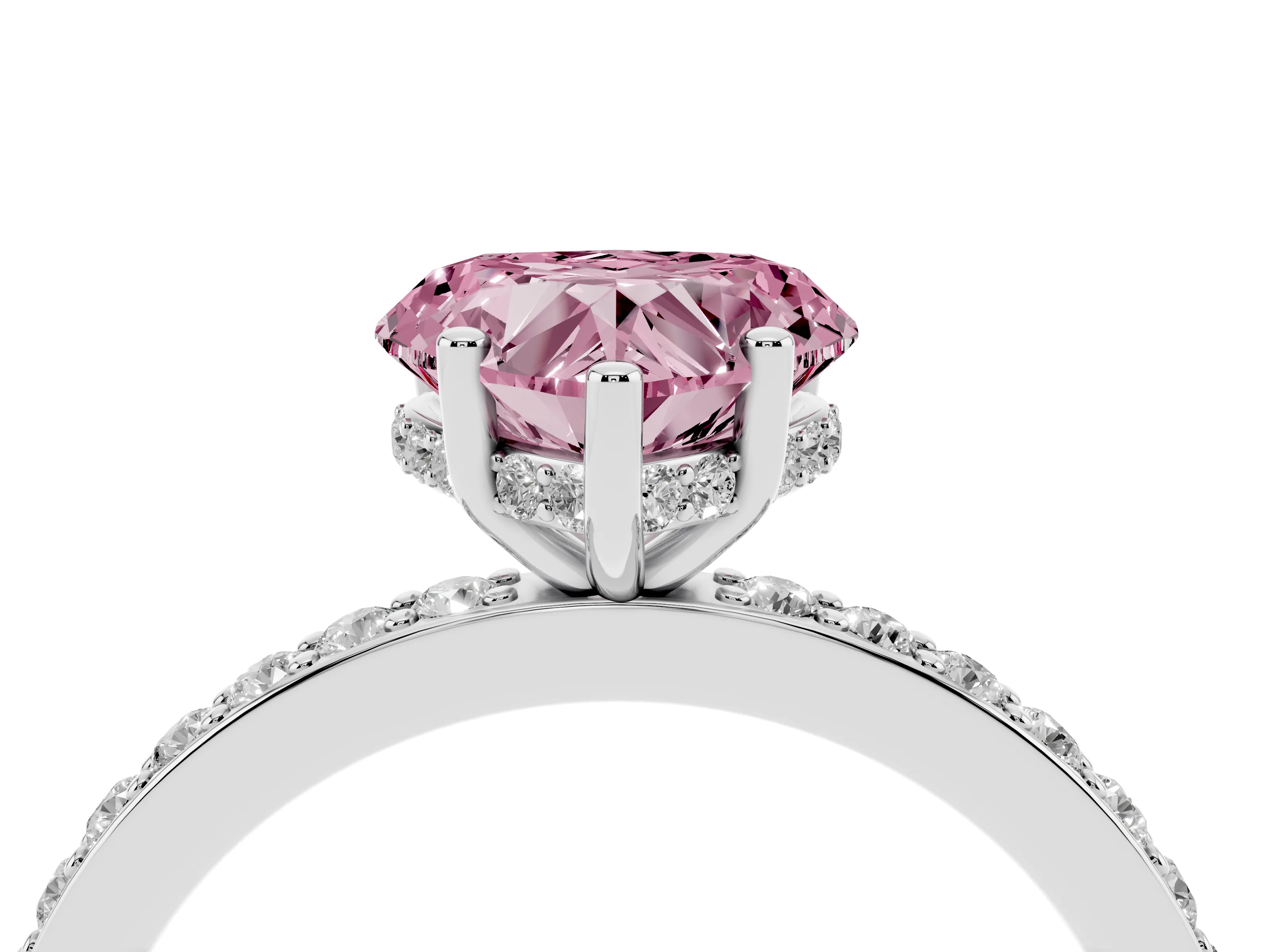 Fancy Pink Heart Cut Diamond Pavé Band Ring Set in White gold with Prong-Set Center Stone